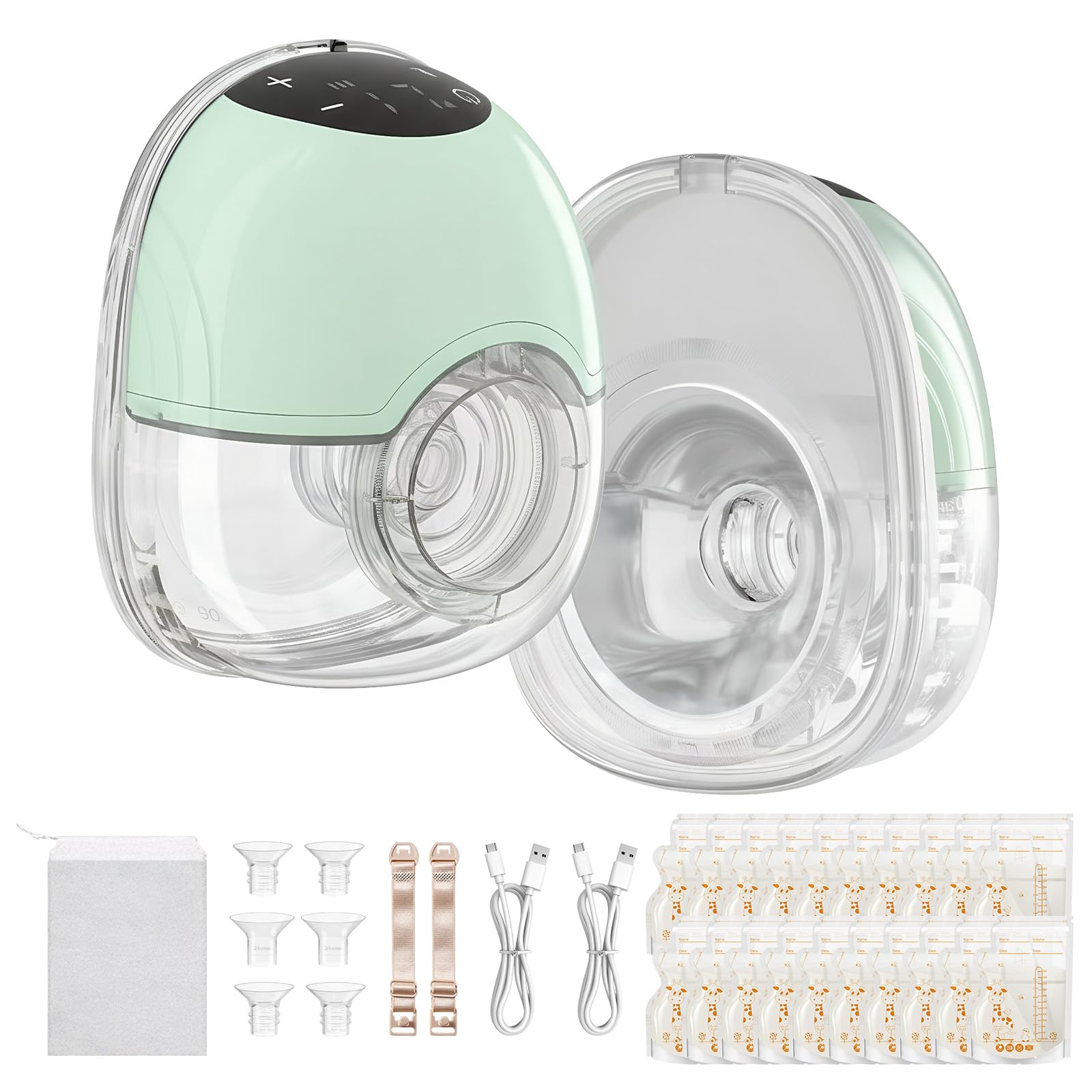 TOPCHANCES Electric Breast Pump,Wearable Hands Free Electric Pump,4 Modes 12 Levels,Portable Lightweight Pump 17/19/21/24mm Flange,Leak-Proof and Ultra-Quiet,BPA Free(Touchscreen,Green,2PCS)