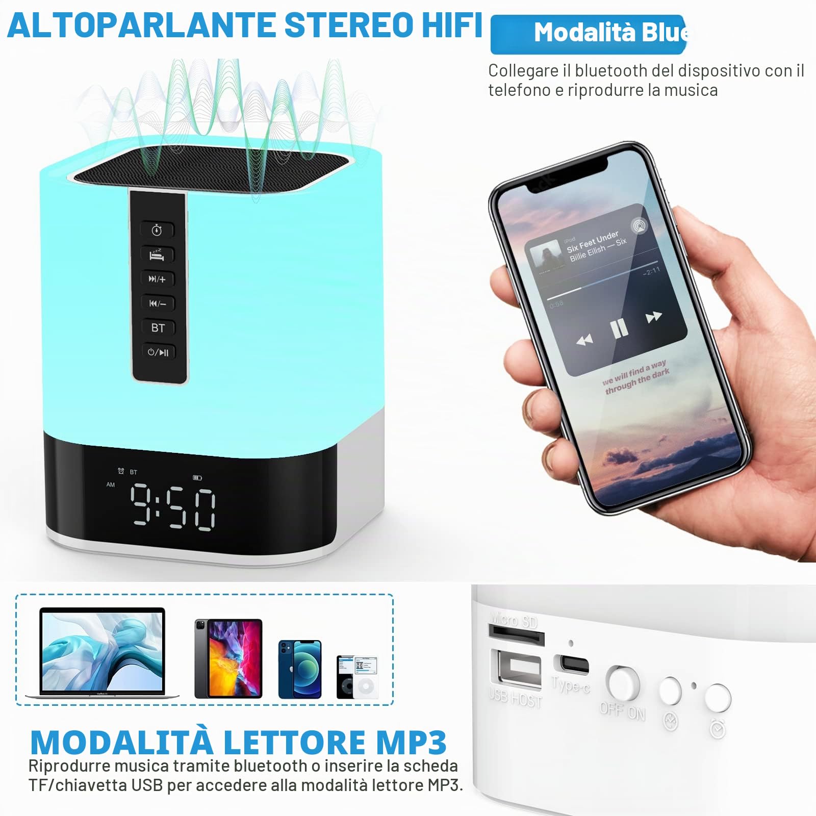 Altoparlante Bluetooth con luce notturna, sveglia digitale, lampada da comodino con sensore touch, macchina per il rumore bianco