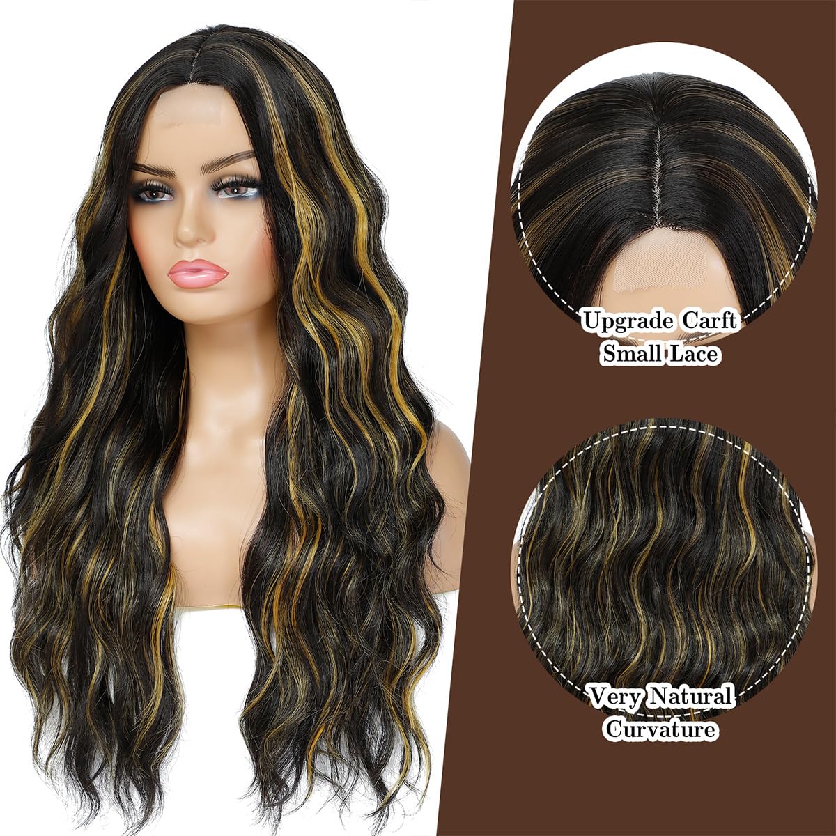Long Dark Brown Blonde Wavy Wig for Women 26 Inch Middle Part Curly Wavy Wig Natural Looking Synthetic Heat Resistant Fiber Wig for Daily Halloween Cosplay Party Use