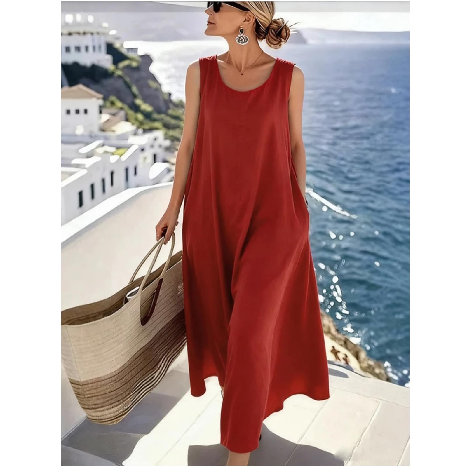 Vestido de Moda Suelto de Escote Redondo de Largo Medio cómodo para el día sin Mangas para el Verano