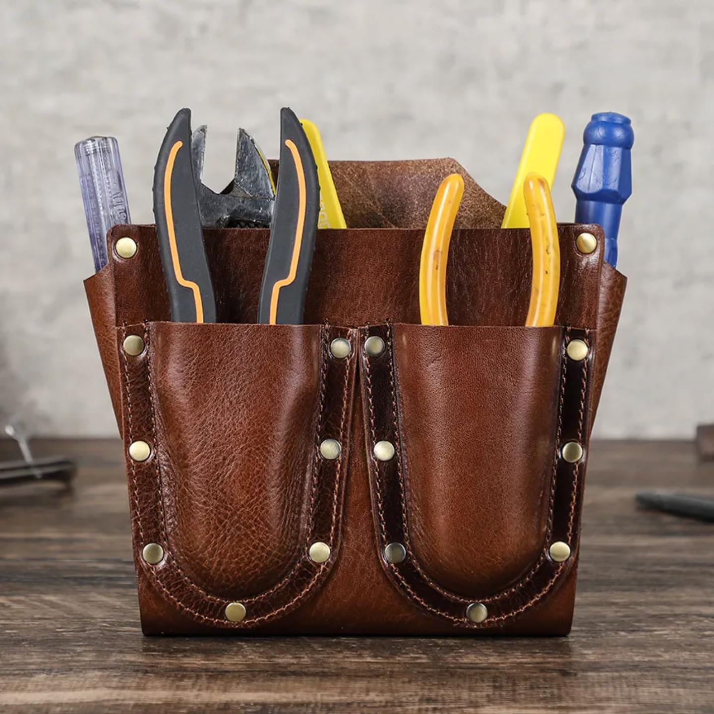 DICASTONE Vintage Leather Tool Holder, Brown Genuine Leather Organizer Pouch with Rivets, Professional Multi-Pocket Storage Holster for Screwdrivers and Hand Tools 2