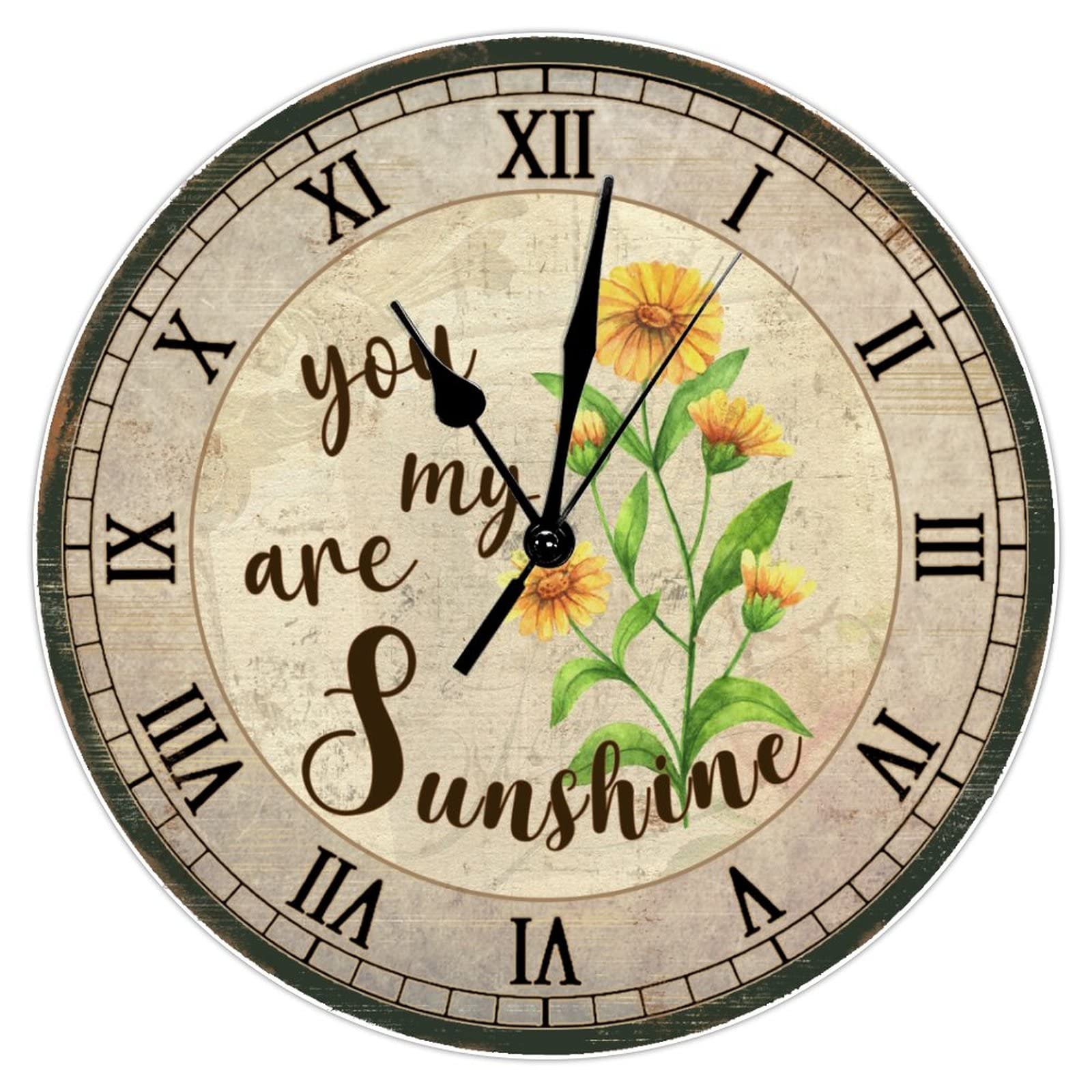 Podbyyou A-6 Sunflower Quotes Sunshine Wooden Wall Clock Battery Operated Silent Wood Wall Clocks Watercolor Sunflower Yellow Floral Clock Vintage Country Style 12Inch Round Clock For Living Room