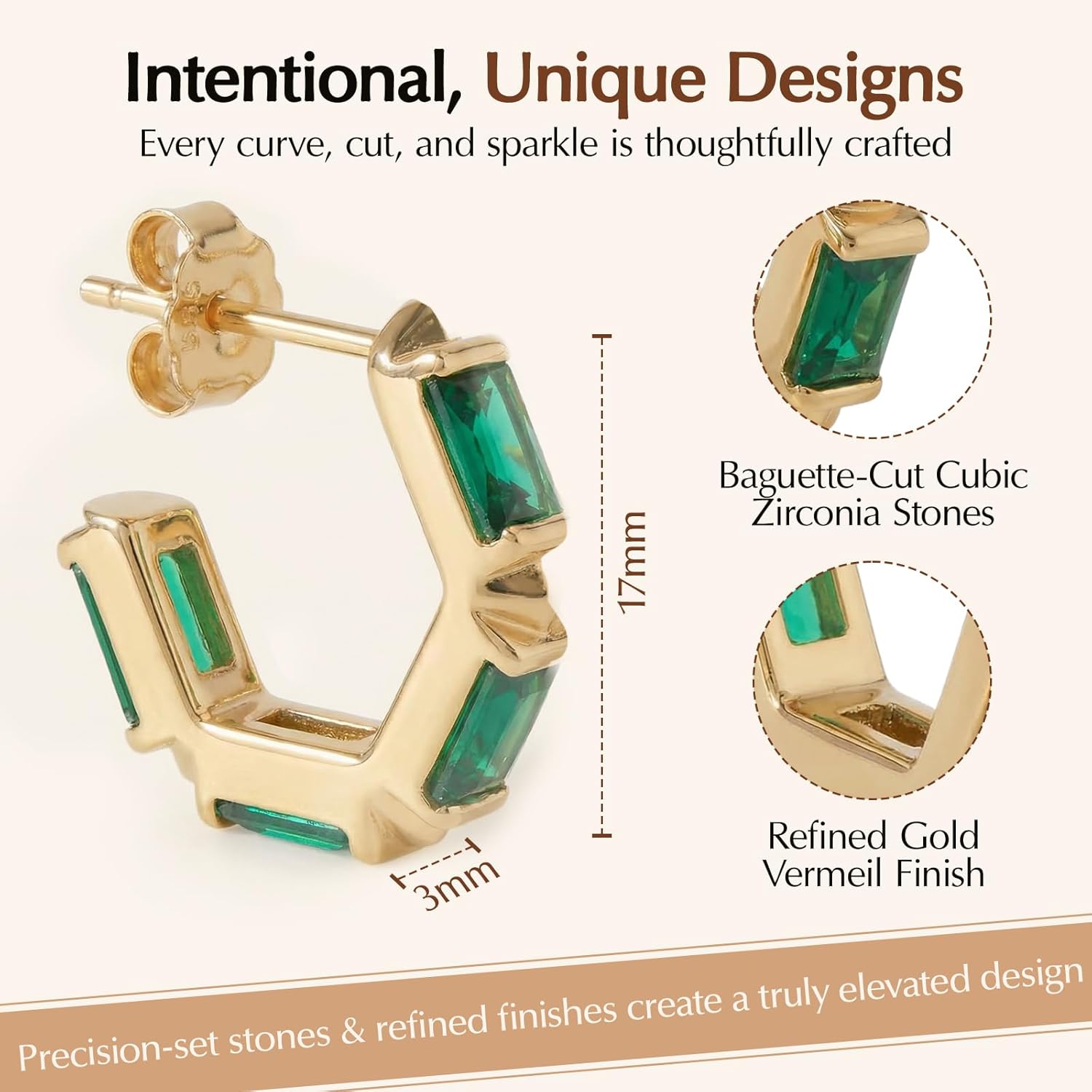 Ora Ana Claire Huggie Hoops | 18K Gold Vermeil or Rose Gold Vermeil, 925 Sterling Silver | Oprah’s Favorite Things | Hypoallergenic Cubic Zirconia Baguette Cut Accents | Lightweight Earrings for Women