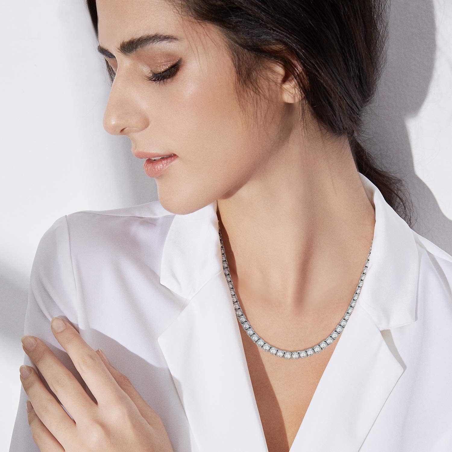 Classic Diamond Tennis Necklace For Women and Men, 18K White Gold Plated Sparkling 4mm Round Cut Cubic Zirconia Chain (24 inches, spring clasp chian) - Image 3