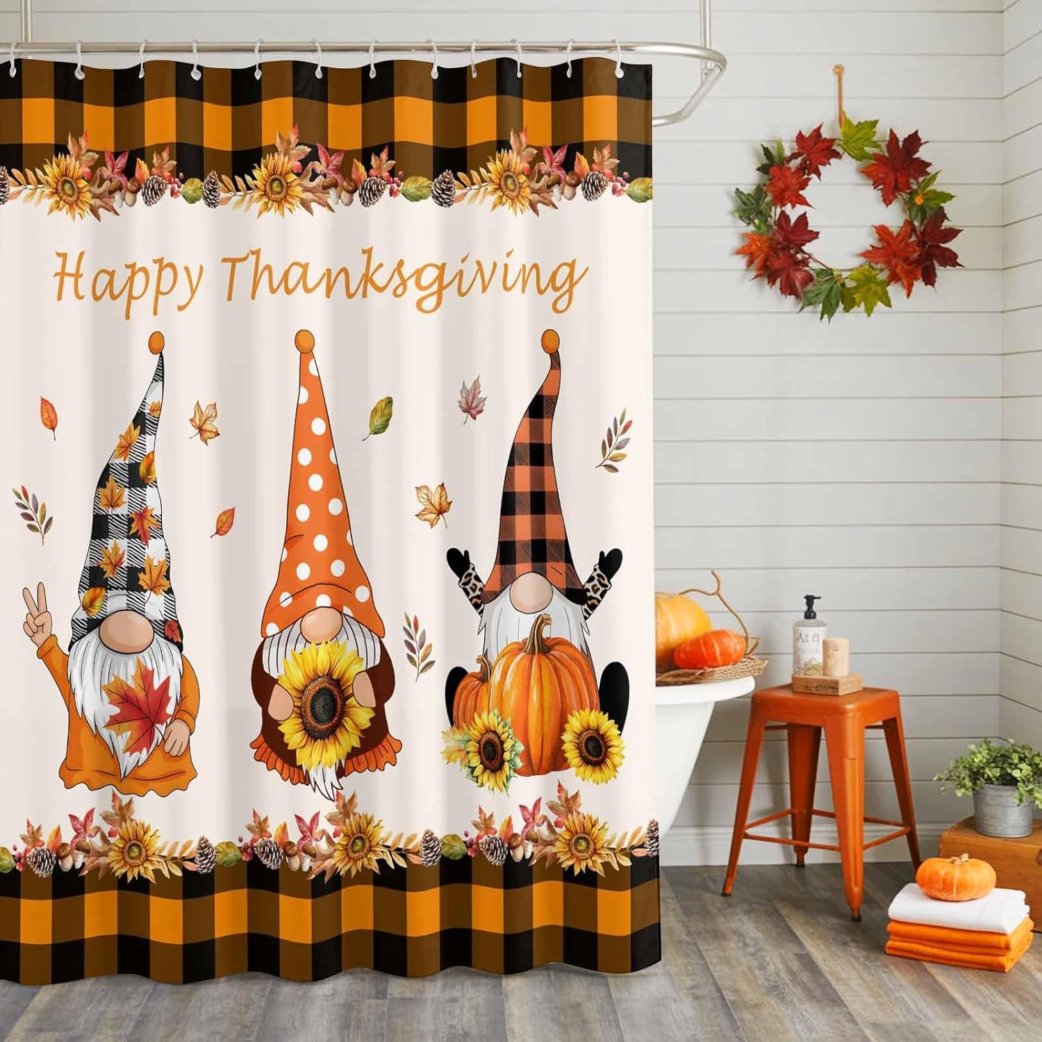 Shower Curtain Bathroom Curtain, Happy Thanksgiving Gnome Maple Leaves Sunflower Orange and Black Buffalo Check Water Repellent Fabric Curtain Set with 12 Hooks & Grommets for Bathtub, 72"x72"