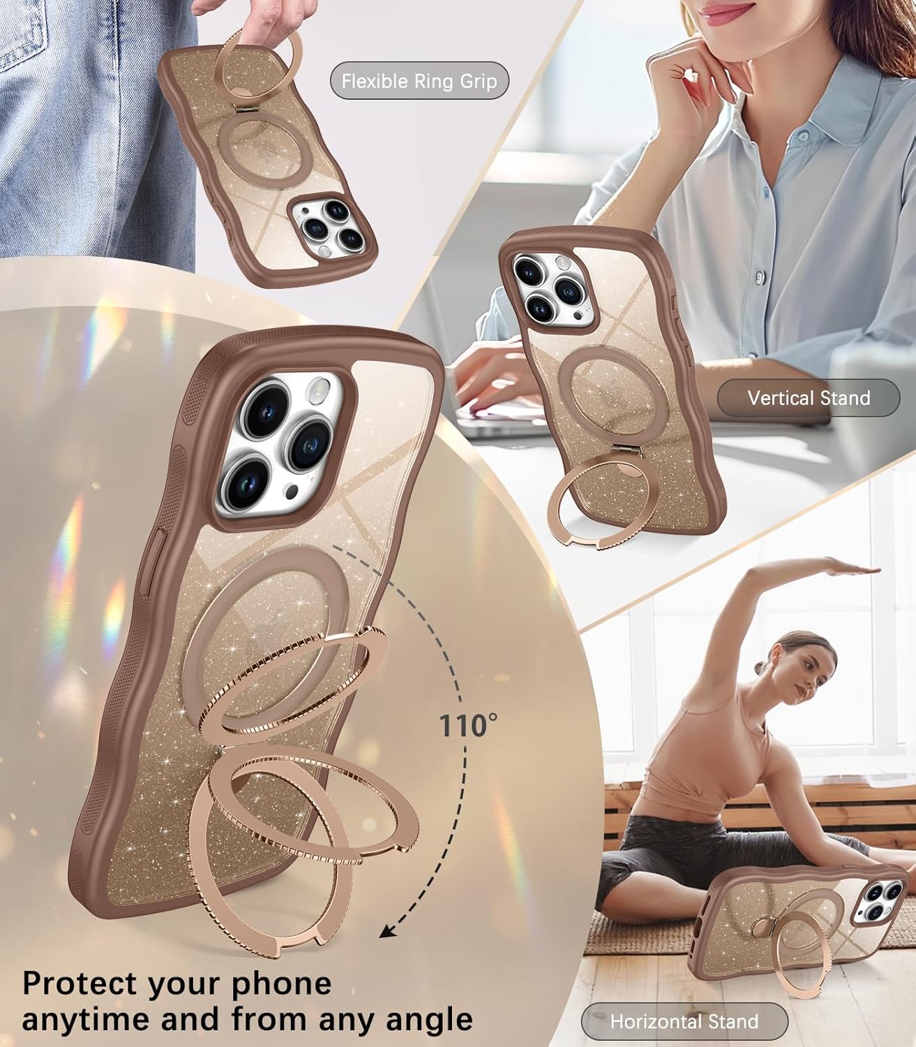 BENTOBEN Magnetic for iPhone 15 Pro Max Case with Invisible Kickstand Ring [Compatible with Magsafe] Clear Glitter Curly Wave Bumper Non-Slip Grip Shockproof Women Men Phone Cover, Desert Titanium - Image 4