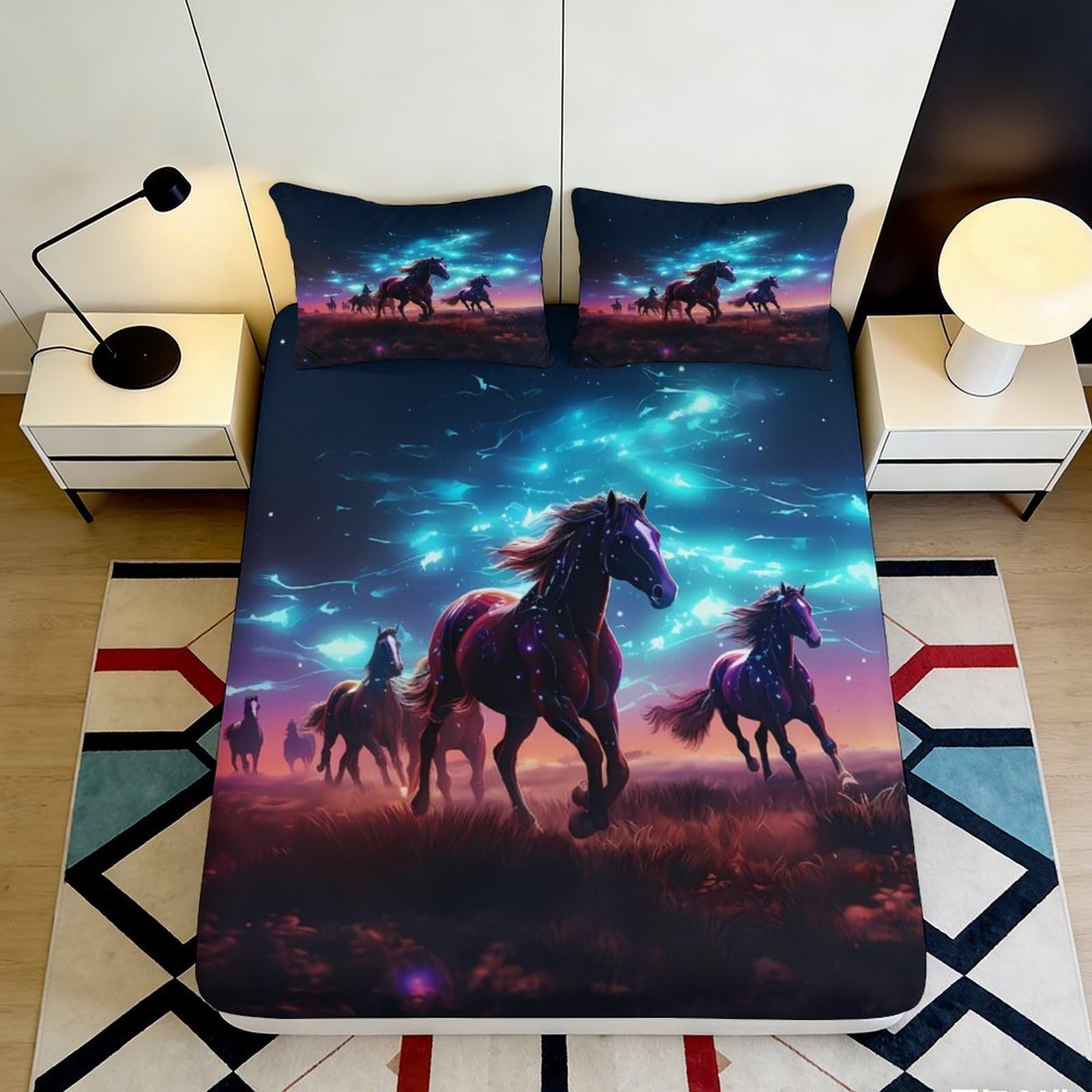 3D Printed Galaxy Starry Sky Fitted Sheet Microfiber Horses Cosmic Nebula Mattress Cover Bedroom Decor 120x200x25cm