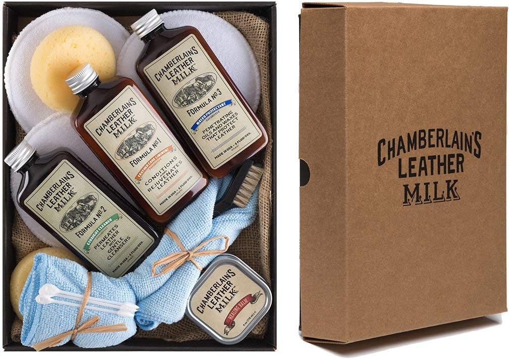 Leather Milk Leather Restoration Kit - Heal & Restore Antique Leather. Cleaner, Conditioner, Water Protectant, Healing Balm, Detailing Brushes, Pads, & More! All-Natural. Made in USA