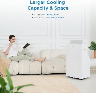 Midea Silent Cool 26 Pro WF Mobile Air Conditioner 3-in-1 Air Conditioner with Exhaust Hose Cooling & Dehumidifying & Ventilating 9000 BTU 2.6 kW for Rooms Approx. 80 m³ (32 ㎡) Energy Efficiency Class A [Energy Class A]