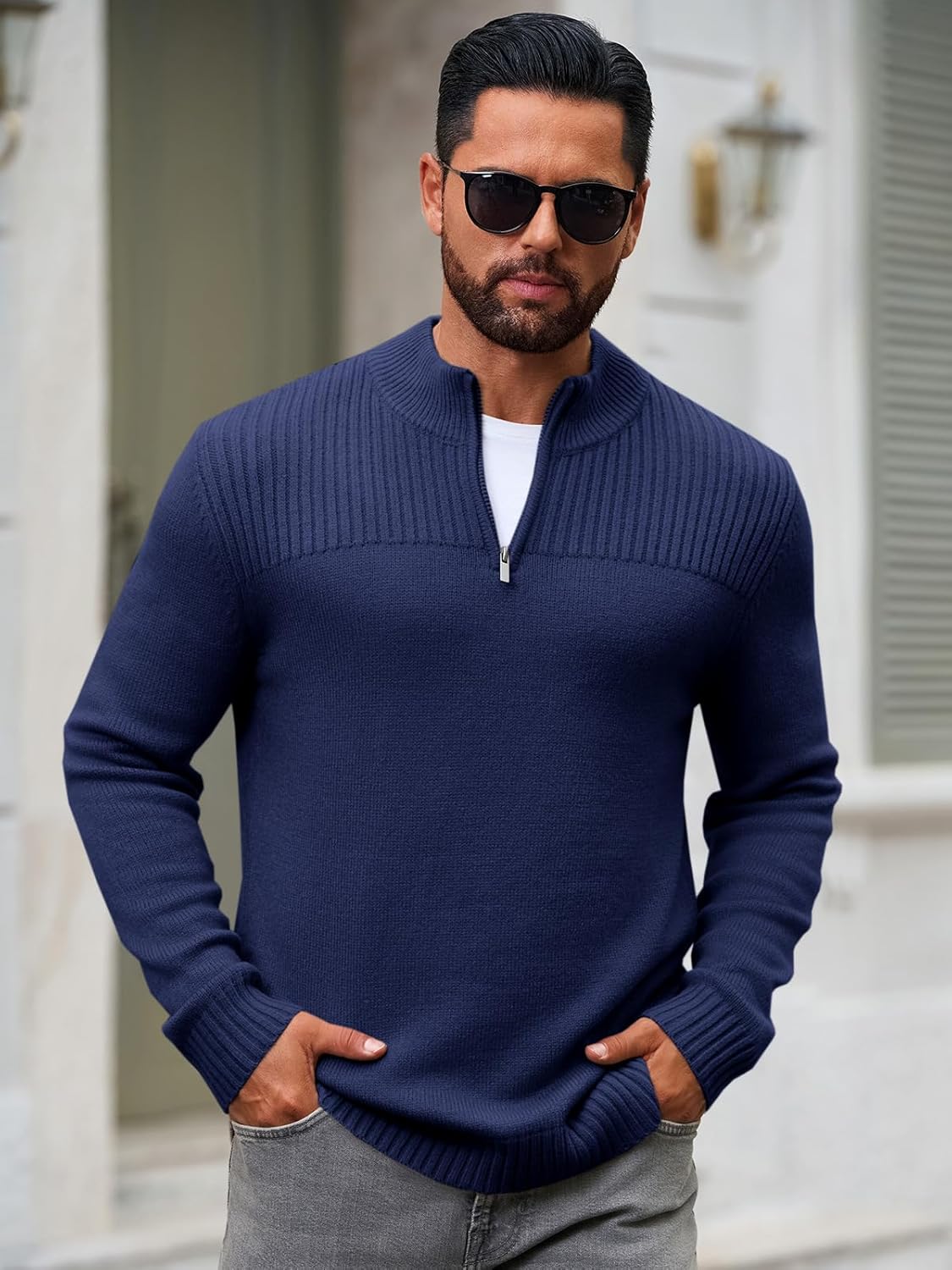 Runcati Mens Quarter Zip Sweater Long Sleeve Slim Fit Pullover Mock Neck Casual Ribbed Knit Polo Sweaters - Image 2