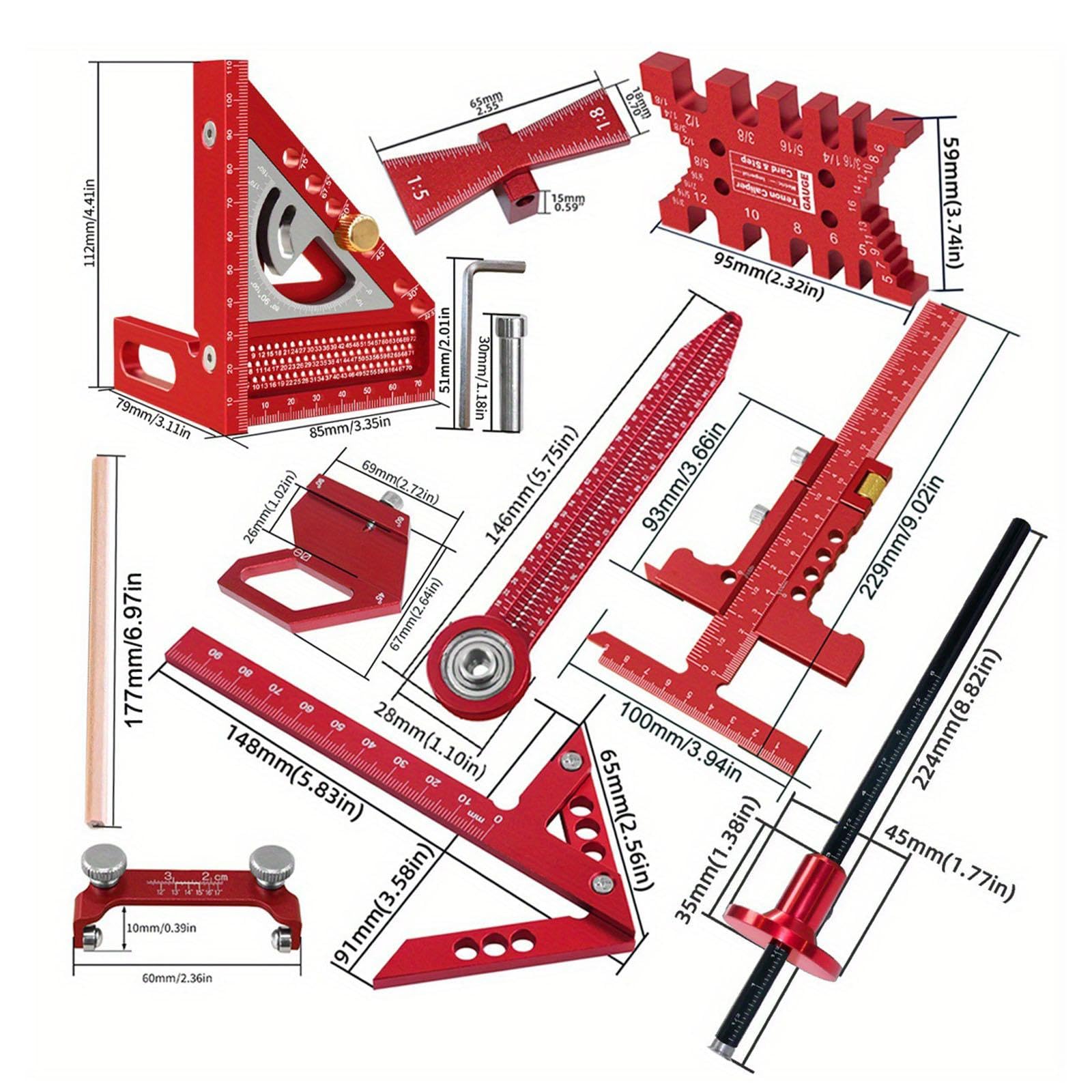 Milageto Set de Règles de Menuiserie Outil de Mesure Jauge de Traçage Équerre Polyvalente Rapporteur D'Angle En Aluminium avec Coffret Portable Approprié pour, 10 pièces