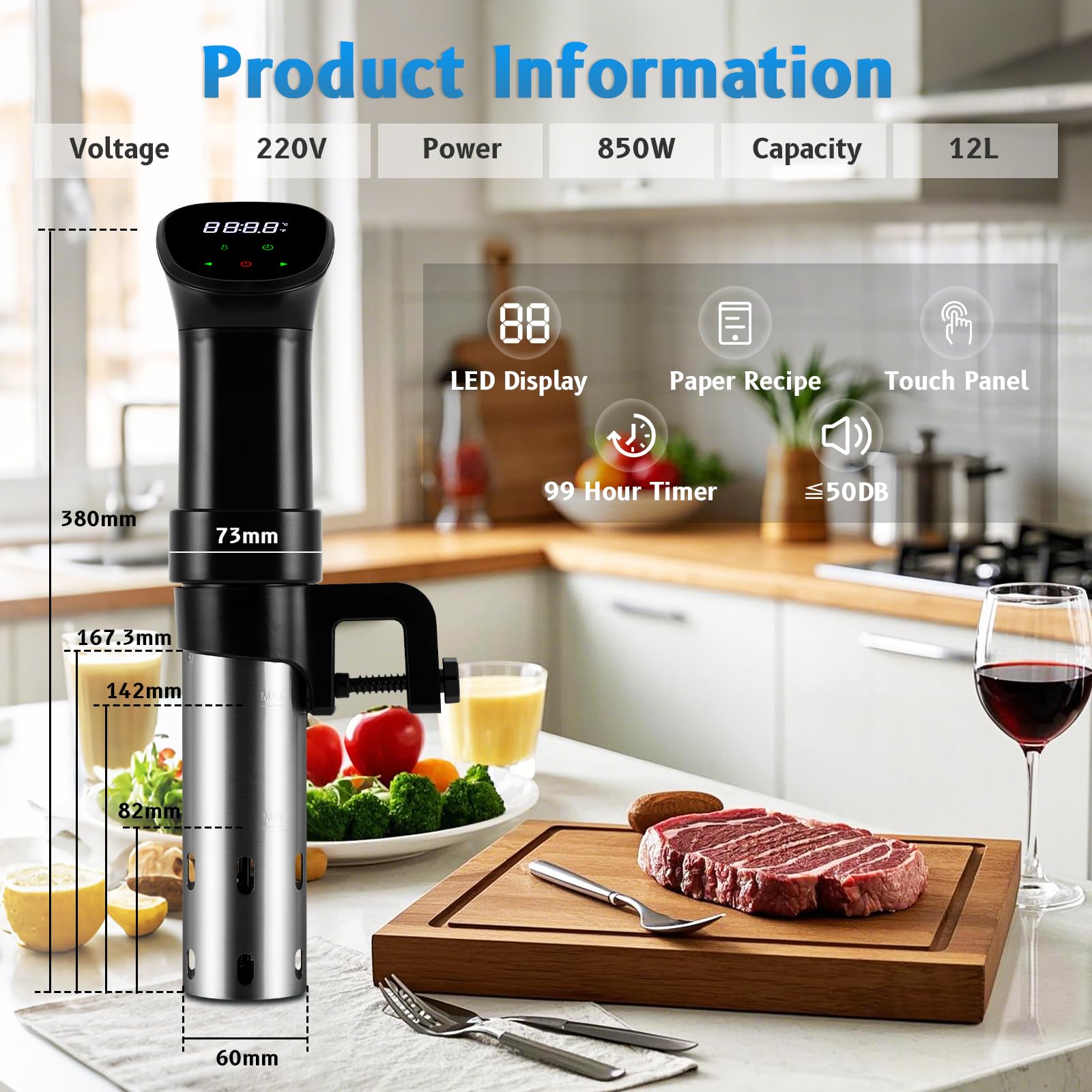 MXBAOHENG Varilla Sous Vide de 850 W 25-92.5 ℃ Máquina Sous Vide de Acero Inoxidable con circulador 3D de inmersión Roner Cocina Baja Temperatura con Control de Temporizador, 10 Bolsa Sellada, Clip