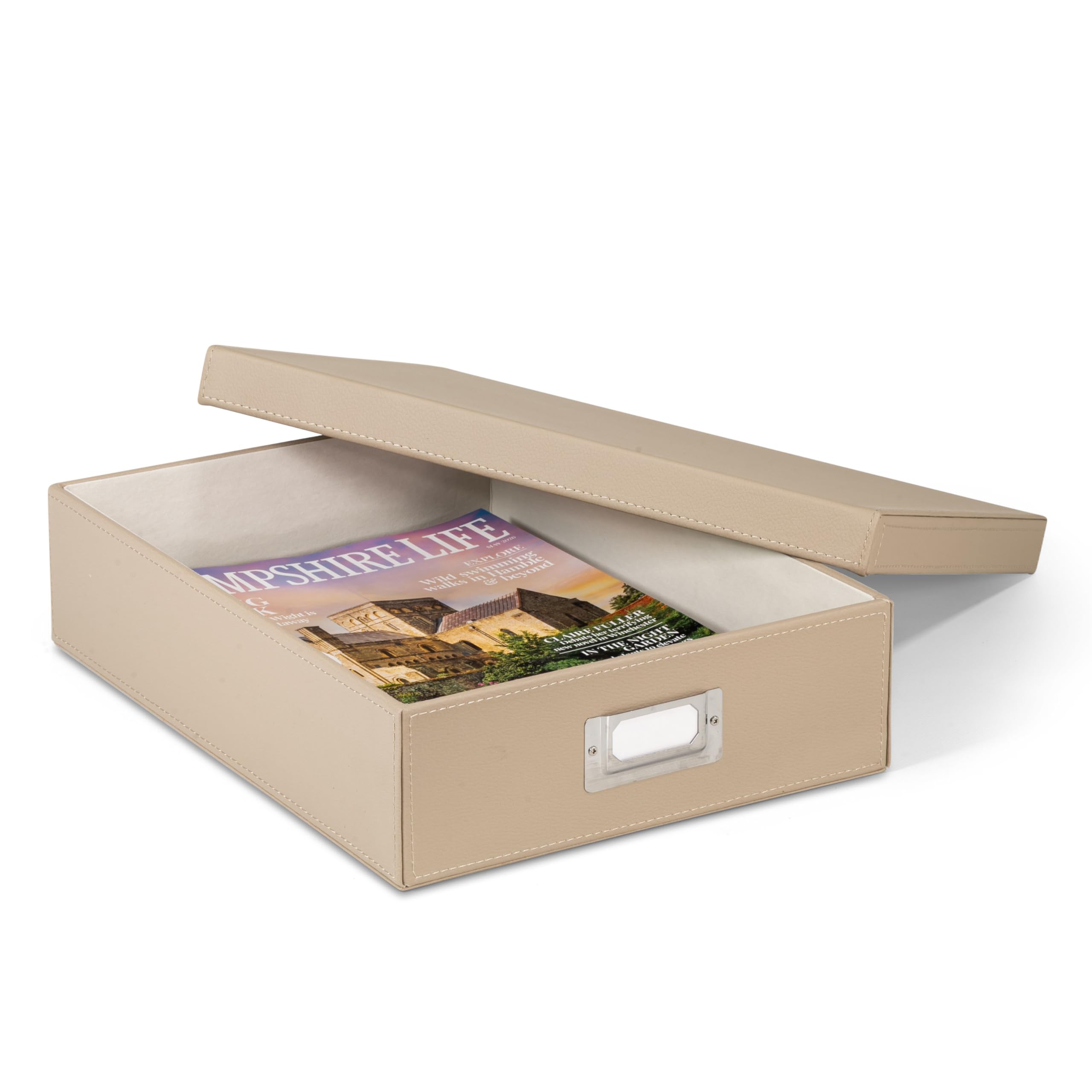 Osco Faux Leather A4 Document Storage Box with Lid, Stackable Desk Paperwork Organiser for A4 Files Envelopes, Durable Filing Solution for Home or Office, 8.5×25×33.5 cm, Light Taupe