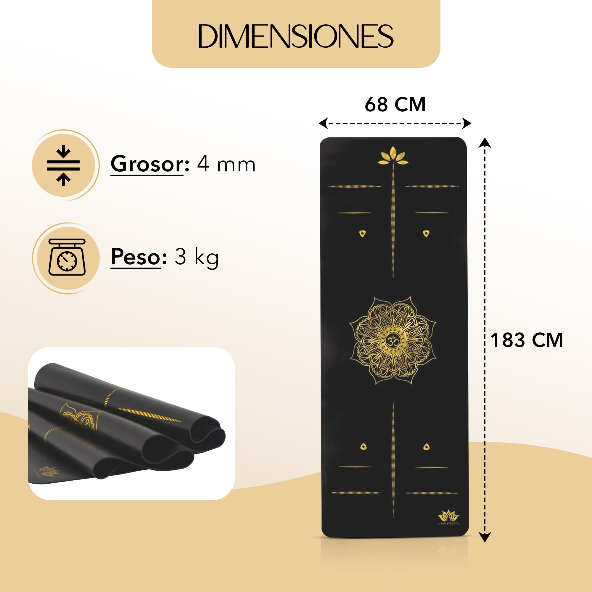 Yoga Mat, Edición Dorada Mandala, Esterilla de yoga antideslizante, Materiales ecologicos Colchoneta para pilates y yoga incluye bolsa de transporte