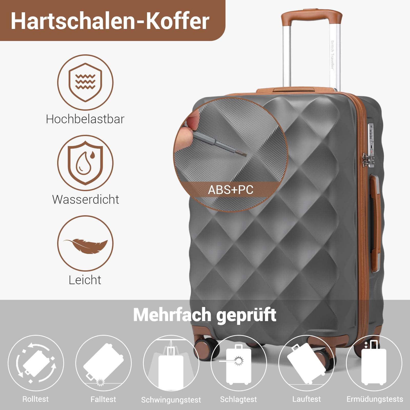 British Traveller Hartschalenkoffer Groß 74.5 x 49 x 30.5 cm, Reisekoffer aus ABS + PC mit TSA-Schloss, Koffer Trolleys mit 4 Rollen für Reisen und Business, Grau