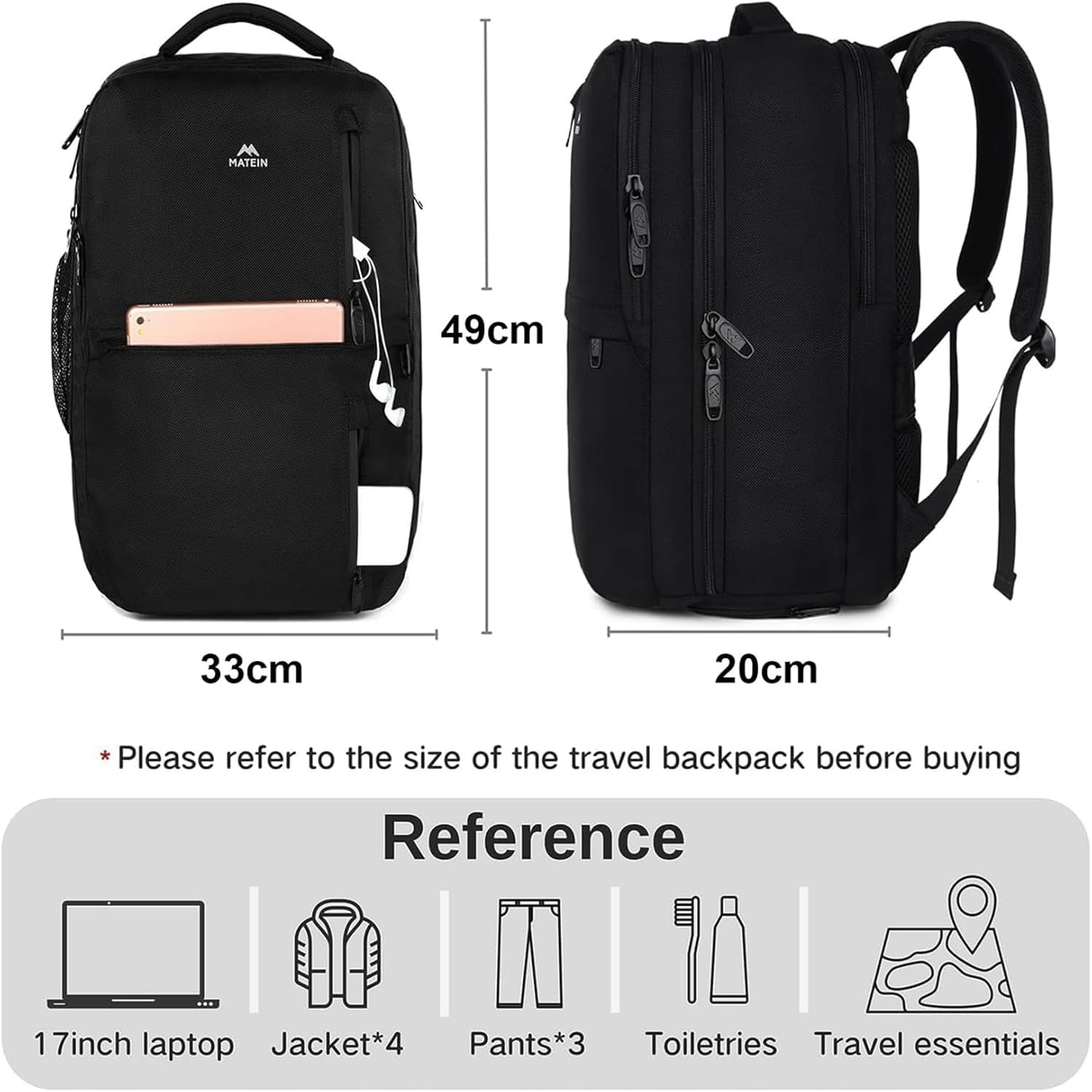 MATEIN Zaino da Viaggio 45x36x20, Zaino Uomo Lavoro Bagaglio a Mano Aereo | Zaini Porta PC 17 Pollici Anti Furto Borsa Aereo Cabina Donna per PC Affari Scuola, Nero