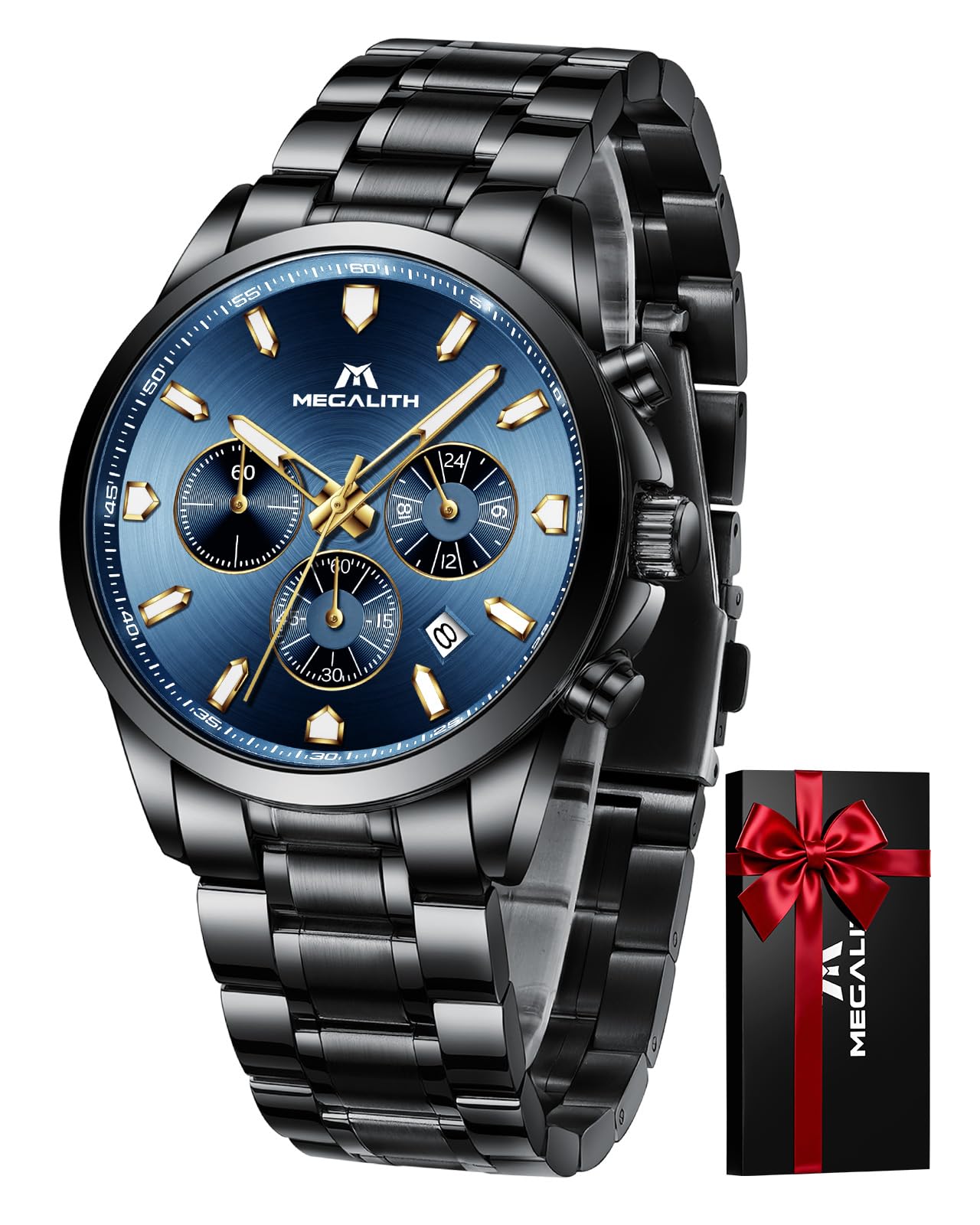 MEGALITH Herren Uhr Edelstahl Armbanduhr: Chronograph Analog Wasserdicht Herrenuhr mit Leuchtend Datum - Elegantes Geschenk für Business Männer