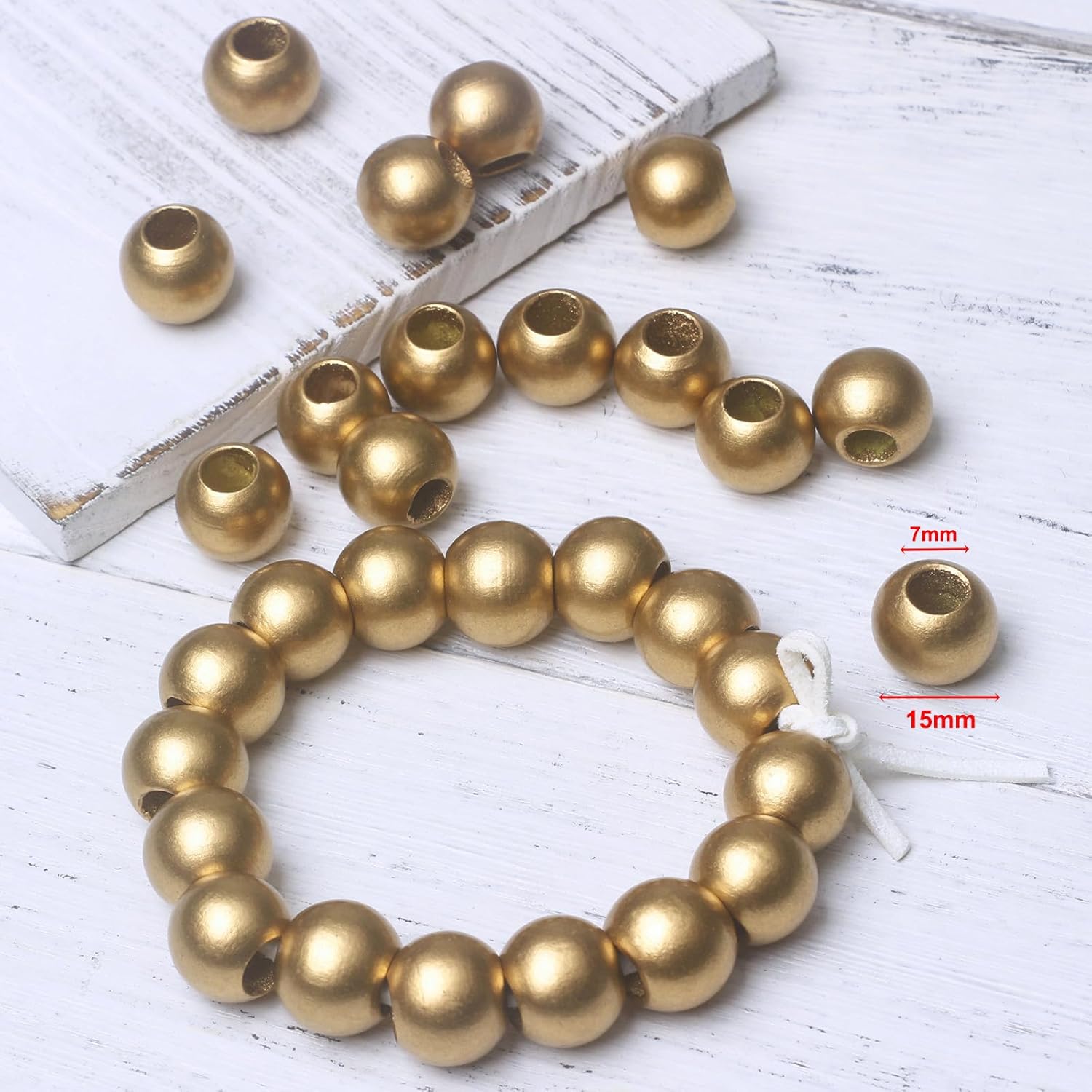 120 15mm Wood Beads - Hole 7mm for Macrame Projects, Large Hole Gold Wooden Marame Beads for Handmade Crafts Home Decor - Image 3