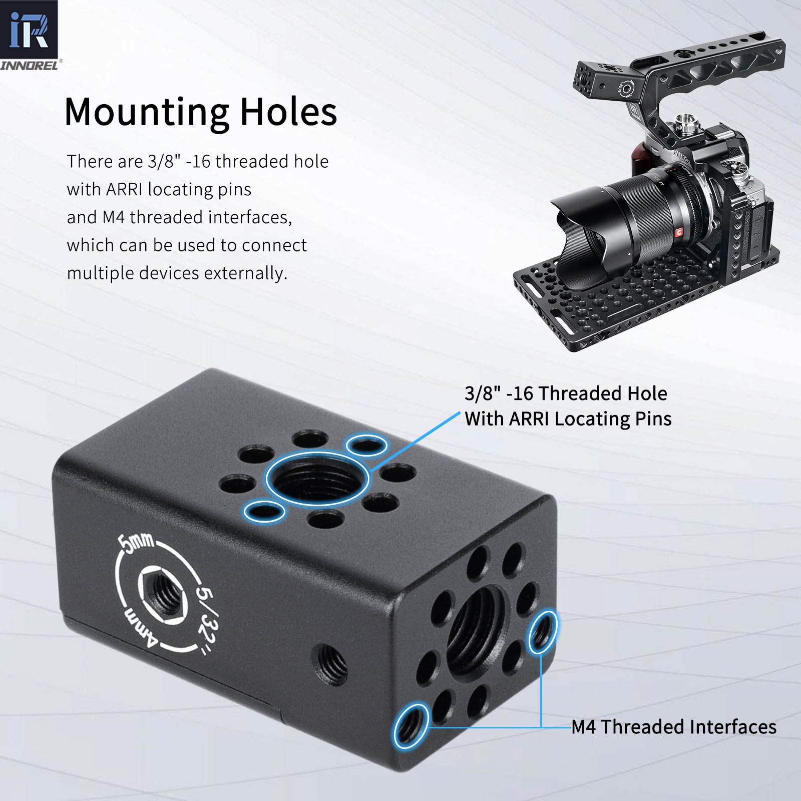 INNOREL CB1 Maniglia multifunzione in lega di alluminio CNC per videocamera,con fori di posizionamento Arri da 3/8" per telai di gabbie per videocamere, attrezzature video fai da te