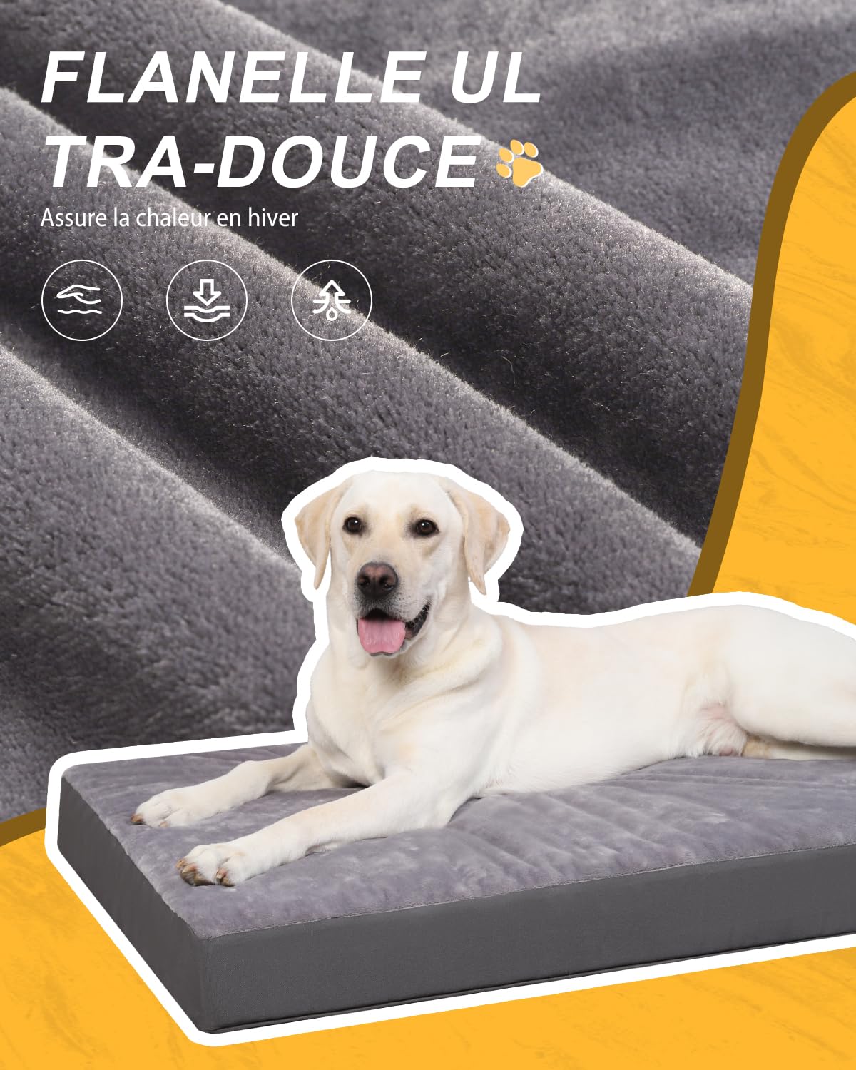 Panier Coussin Chien Dehoussable Lavable XL, Grande Taille Lit pour Chien Orthopédique, Tapis Matelas, Fond Antidérapant, Gris, 104x68x8cm
