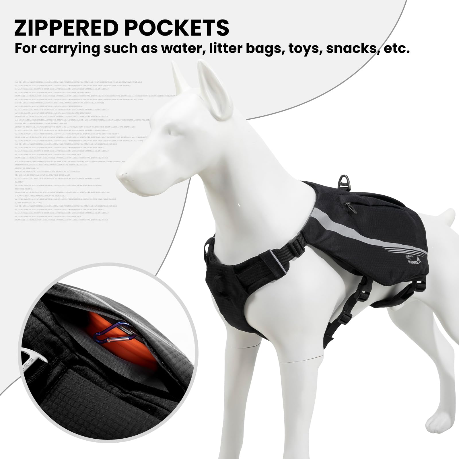 EXCELLENT ELITE SPANKER Zaino riflettente a forma di Y per cani con maniglie e tasche, senza anelli a D, leggero, attrezzatura da escursionismo per cani, caccia, viaggi.(BLK)