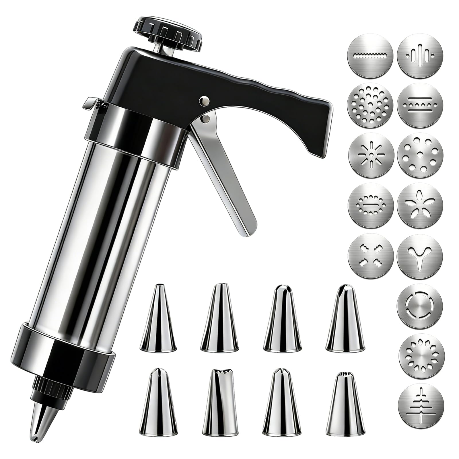 TINA.WIN GebäCkpresse Edelstahl SpritzgebäCk Maschine Tortenspritze Garnierspritze mit 13 Schablonen+ 8 TüLlen für Herstellung Von Kuchen Keksen und Churros