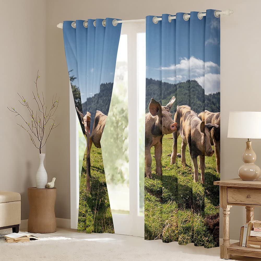 Świnia Zaciemniająca okna dreapes urocze 3D zwierzęta zasłona świnki kawaii zasłony zaciemniające (30%-50%) do sypialni zielona natura dekoracje okienne szer. 52 x dł. 90
