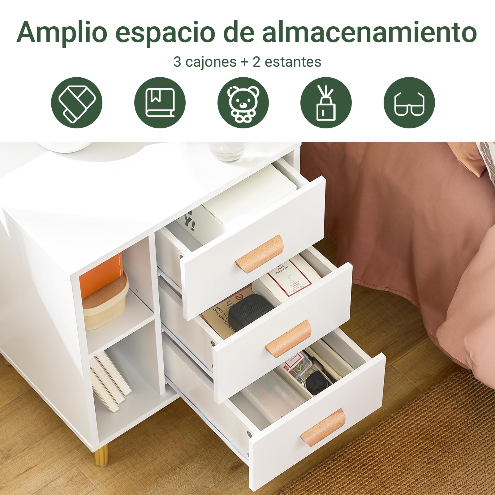 SoBuy Mesita de Noche con 3 Cajones y 2 Estantes 48x40x60cm | Mesa auxiliar moderna con almacenamiento para dormitorio, blanco FBT95-W