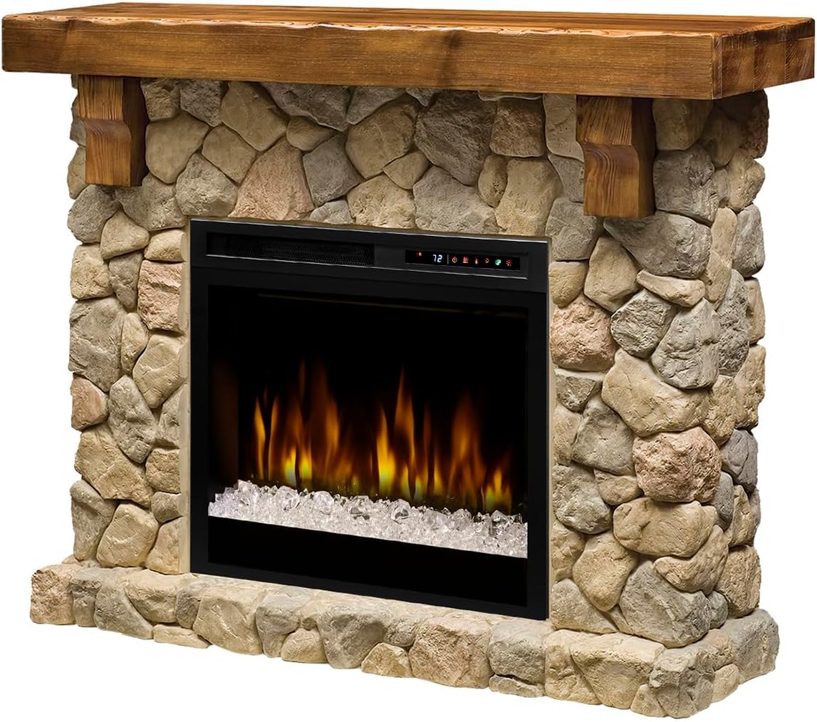 DIMPLEXFieldstone Electric Fireplace with Rustic Mantel Surround Package | Pine with Natural Stone-Look, 28" Electric Firebox Heater | 1500W | Acrylic Ice | Remote Control | #GDS28L8-904ST