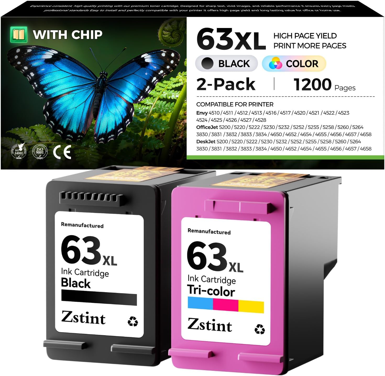 63XL Ink Cartridges 2 Pack High Yield with Chip Replacement for HP 63 63xl Ink Compatible with HP Officejet 3830 4650 4655 5255 5258 5200 Envy 4510 4512 4520 4650 Deskjet 2130 2132 3630 3634 Printer