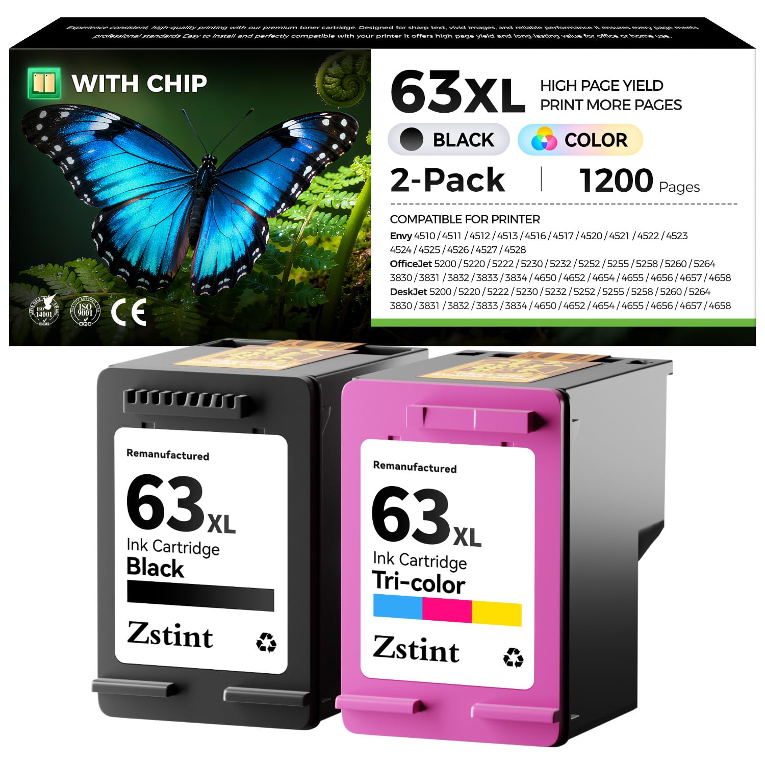 Tri-color 63XL Ink Cartridge 63XL 63 Ink Cartridges for Officejet 3830 4650 5255 3832 Envy 4520 4512 4516 Deskjet 1112 3630 3634 3639 2132 Ink Printer (1 Tri-color