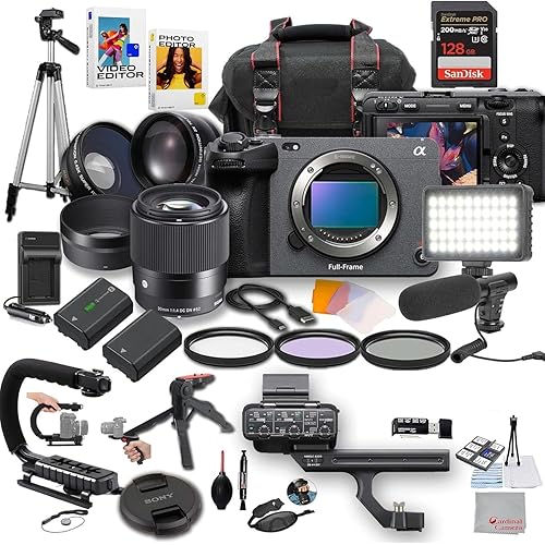 Sony FX3A Full-Frame Cinema Camera with Sigma 30mm f/1.4 DC DN Lens, LED Light, Microphone, 128GB Extreme Speed, U-Grip, Filters, Tripod, Case, Software, & More – Pro Video Bundle (36pc)