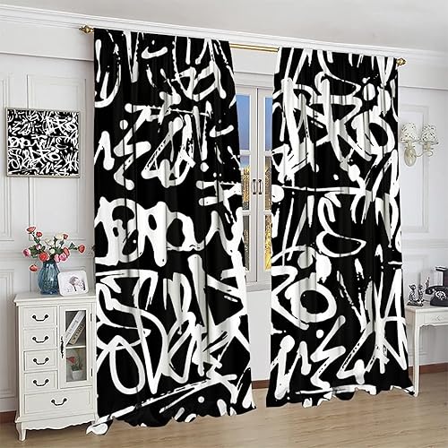 Miniatura 4 de Cortinas de graffiti en blanco y negro, divertidas, abstractas, estéticas, para sala de estar, dormitorio, cocina, decoración con bolsillo para