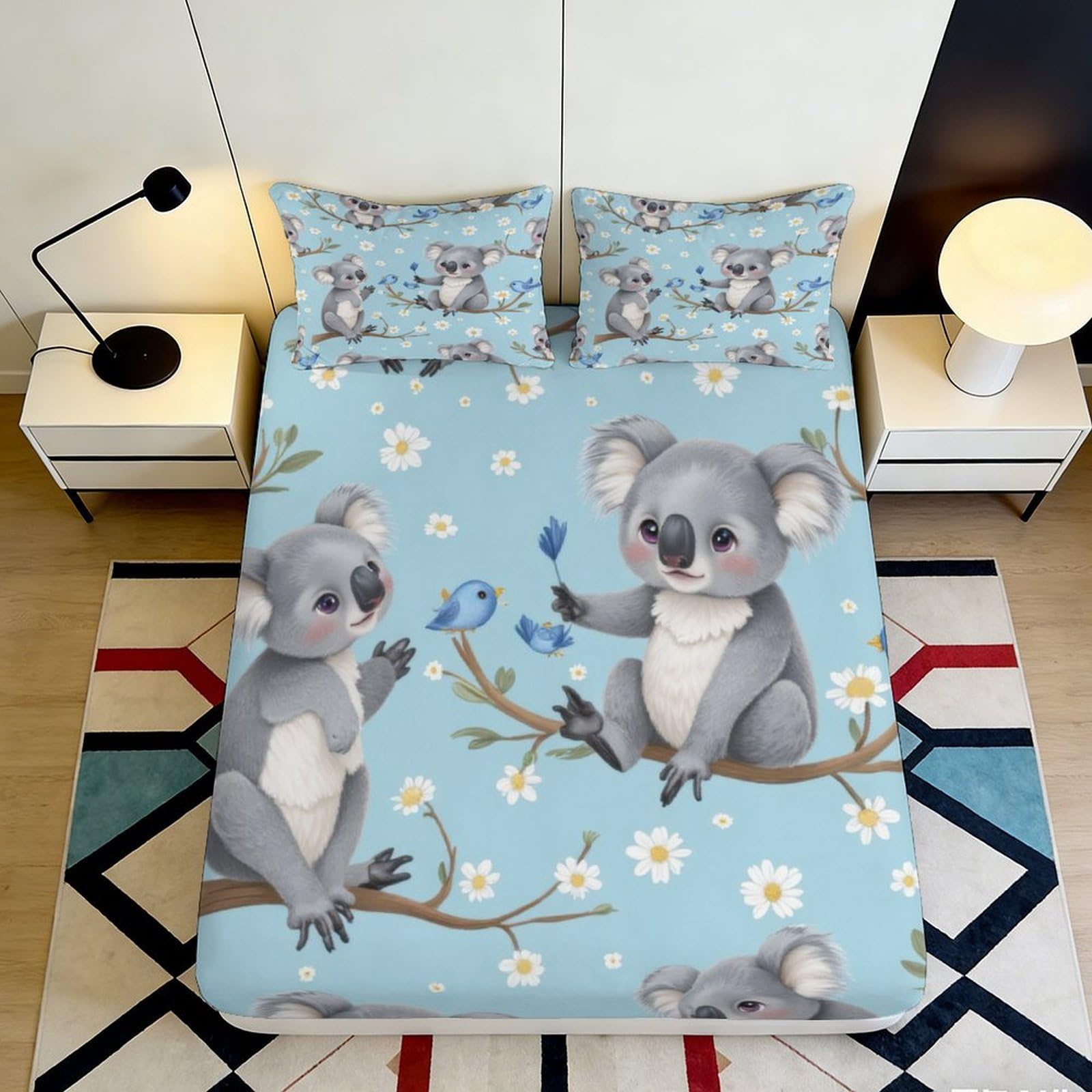 Pnayamiorkfel Style-5 3D Printed Koala Branch Fitted Sheet Microfiber Soft Blue Bird Mattress Cover For Bedroom Guest Room Decor 90X200x25cm