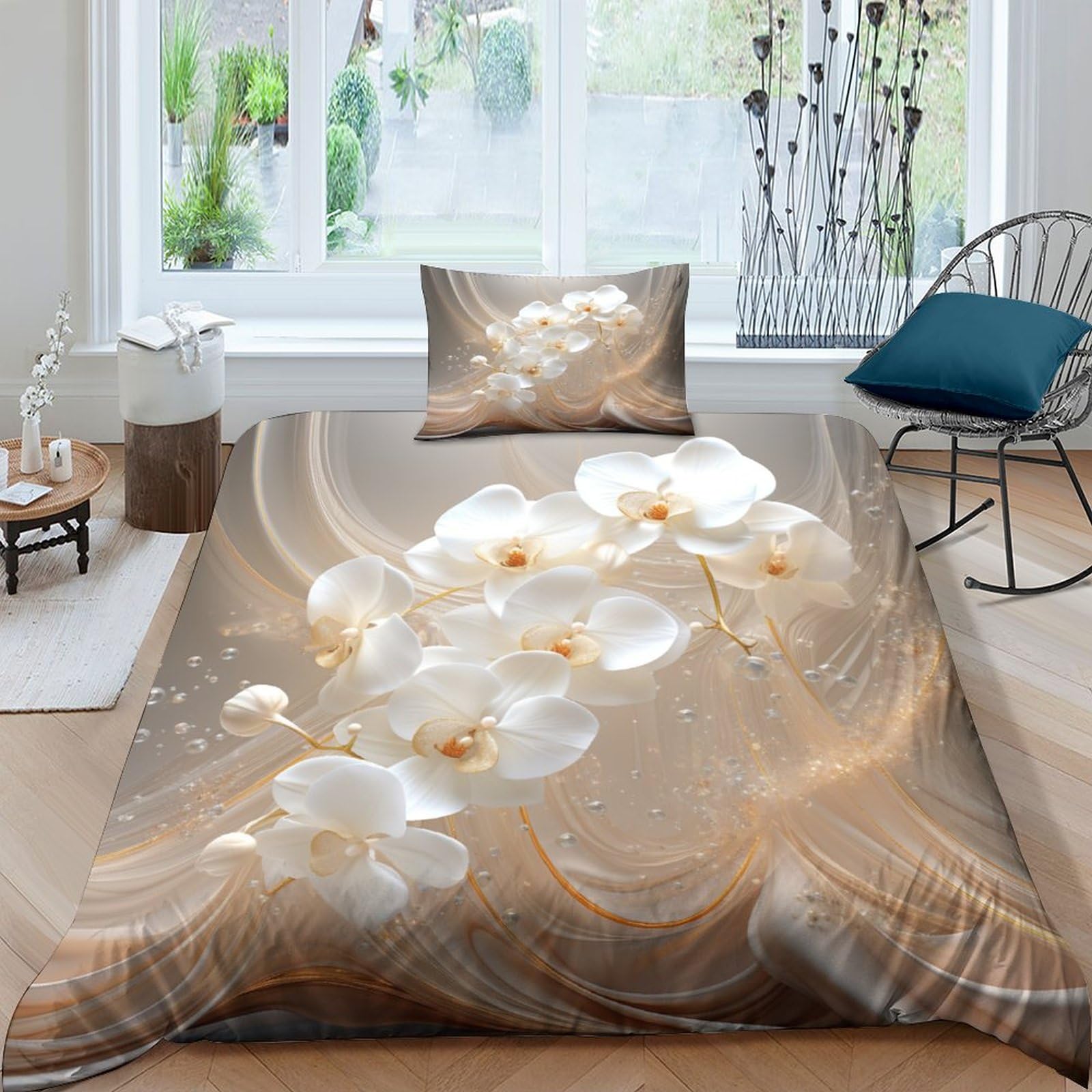 HOTGE Floral 3D Printed Quilt Cover Grey White Duvet Cover Bedding Set Comfortable With Pillowcases Bed Set Bed Bedclothes Home Textile Boys And Girls Single（135x200cm）