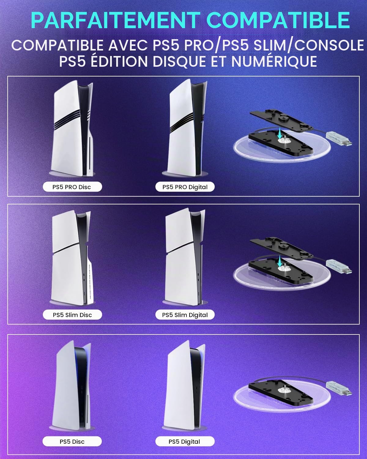 RGB Support Vertical pour Console PS5 Slim Disc & Digital et Play5 | Socle Vertical compatible avec Play 5 Pro console, Support de console peu encombrant