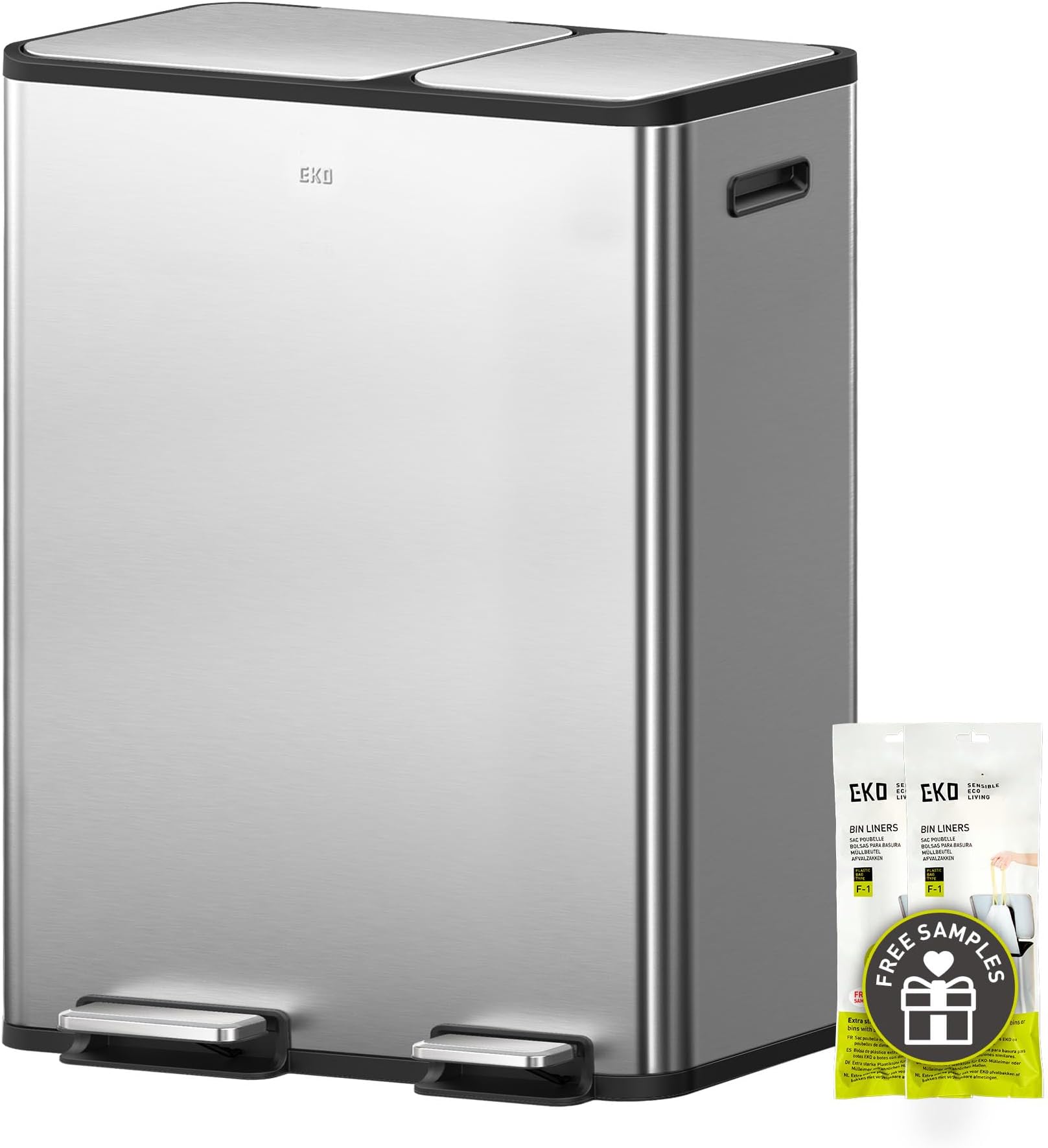 EKO EcoCasa ステンレススチール デュアルステップゴミ箱 リサイクル用 30L+20L 長方形キッチンゴミ箱 独立したペダルと蓋 ソフトクローズ 指紋防止