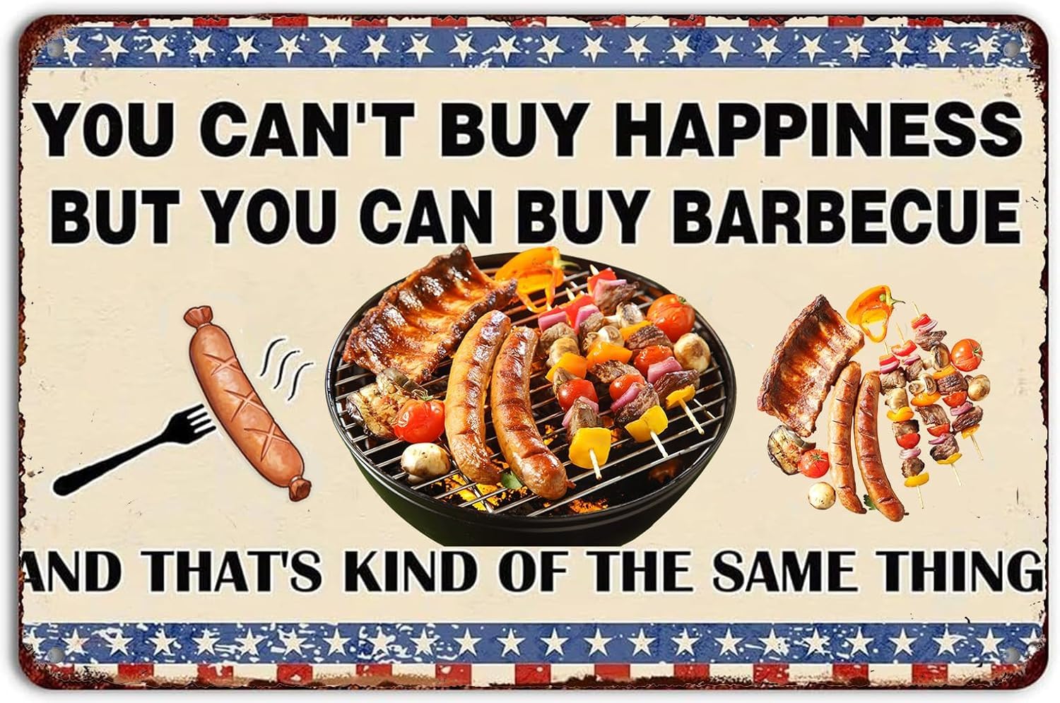 SMAZDFXX Funny BBQ Rules Metal Tin Sign You Can't Buy Happiness But You Can Buy Barbecue And That's Kind of the Same Thing Rustic BBQ Signs for Home Kitchen Pubs Lake House 5.5"x8"