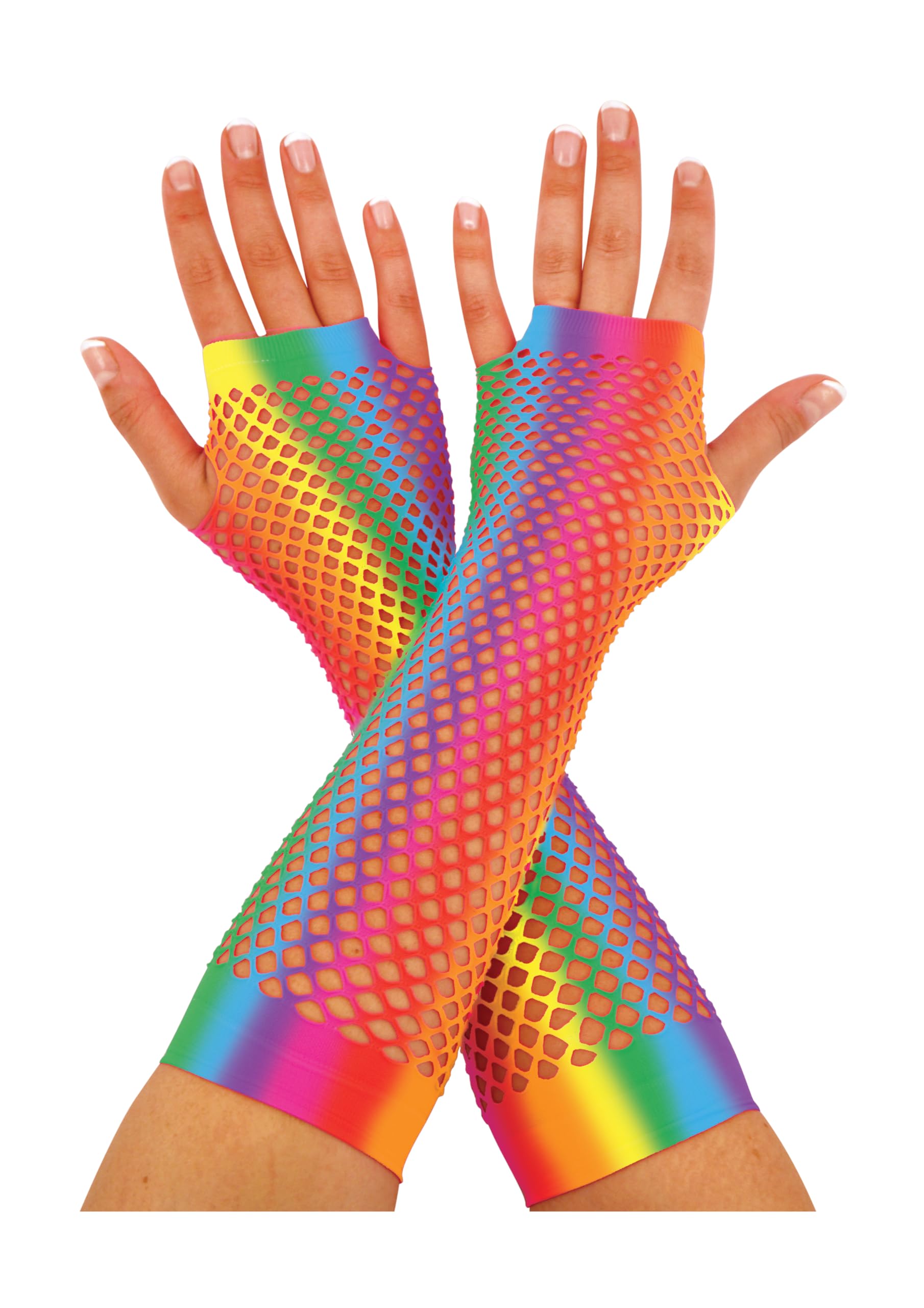 HENBRANDT Rainbow Long Fingerless Fishnet Gloves Fancy Dress LGBTQ+ Pride Accessories Stretchy Mesh Neon Gloves 80s 90s Party Costume for Women Adults