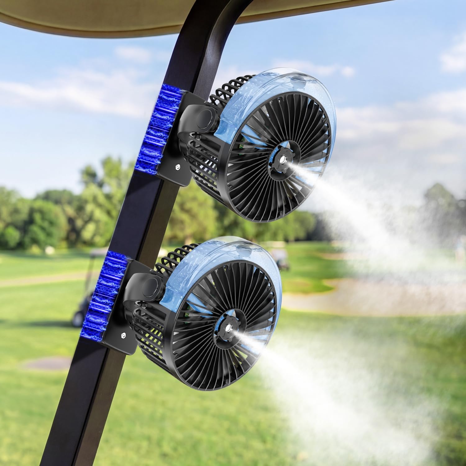 BOYISEN 2-Pack Magnetic Golf Cart Fan with Misting, 12000mAh Battery Operated Portable Fan 4 Speeds, LED Lantern, Universal Fit for EZGO Club Car Yamaha, Cruise Ship Accessories Travel Essentials