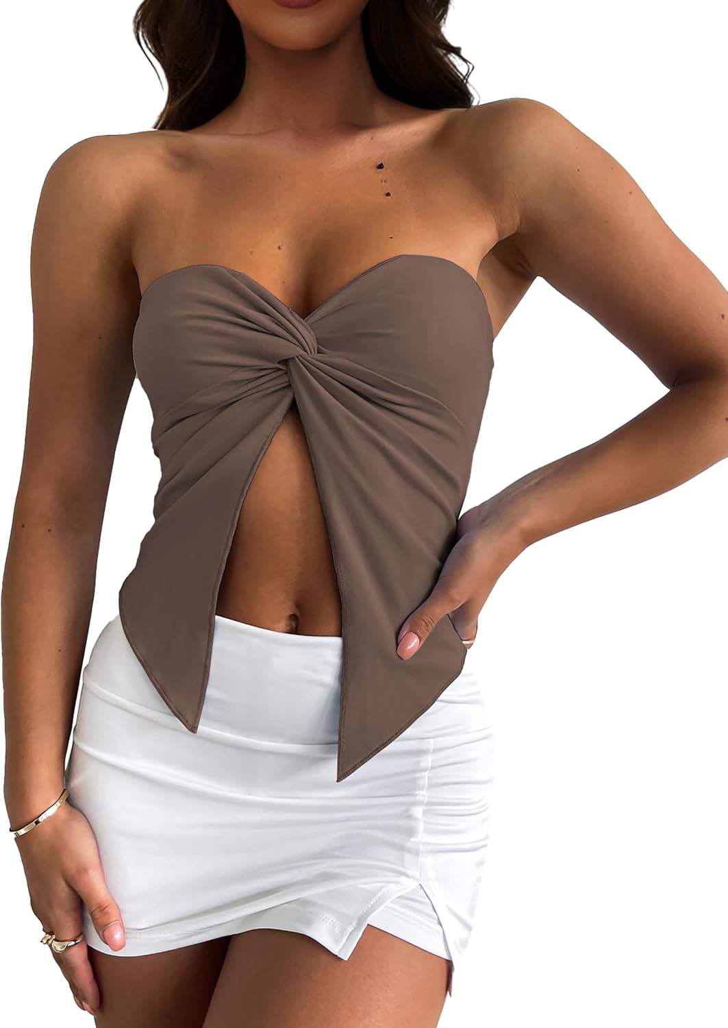 MISSACTIVER Women’s Y2K Sexy Twist Front Tube Top Strapless Sleeveless Solid Cut-Out Midriff Crop Tops Tank Top