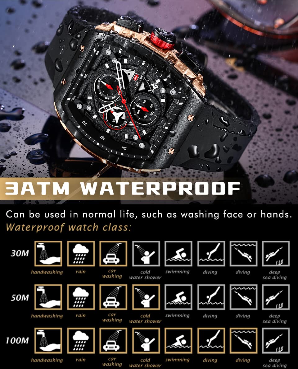 Mini Focus - Reloj cronógrafo único para hombre, estilo casual (hueco/impermeable/superluminoso/calendario), correa de silicona suave, reloj moderno para hombre