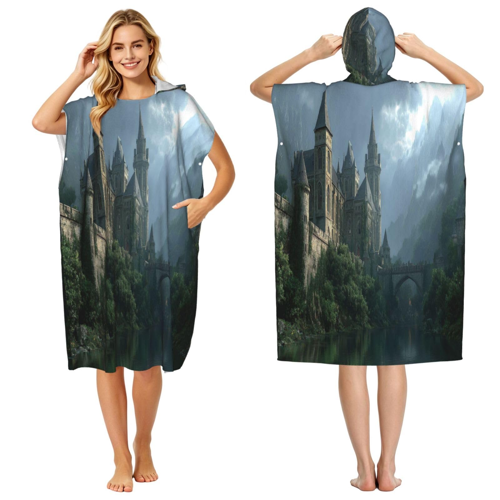 DTHKJNLSF Castle In The Mountains Adult Hooded Beach Poncho Towel