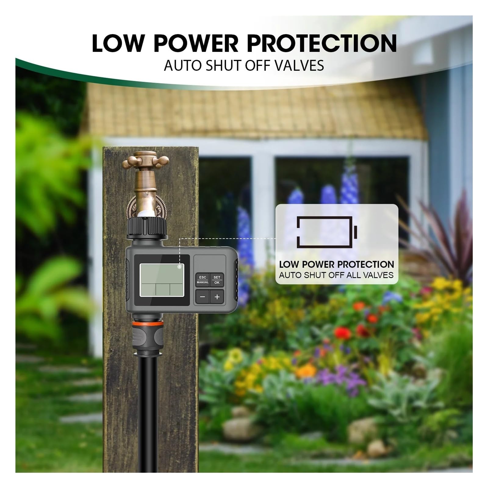 Water Timer LCD IPX7 Sistema di irrigazione da giardino intelligente | Temporizzatore di irrigazione automatico con display LCD for sistemi da giardino.(BSPT with button)