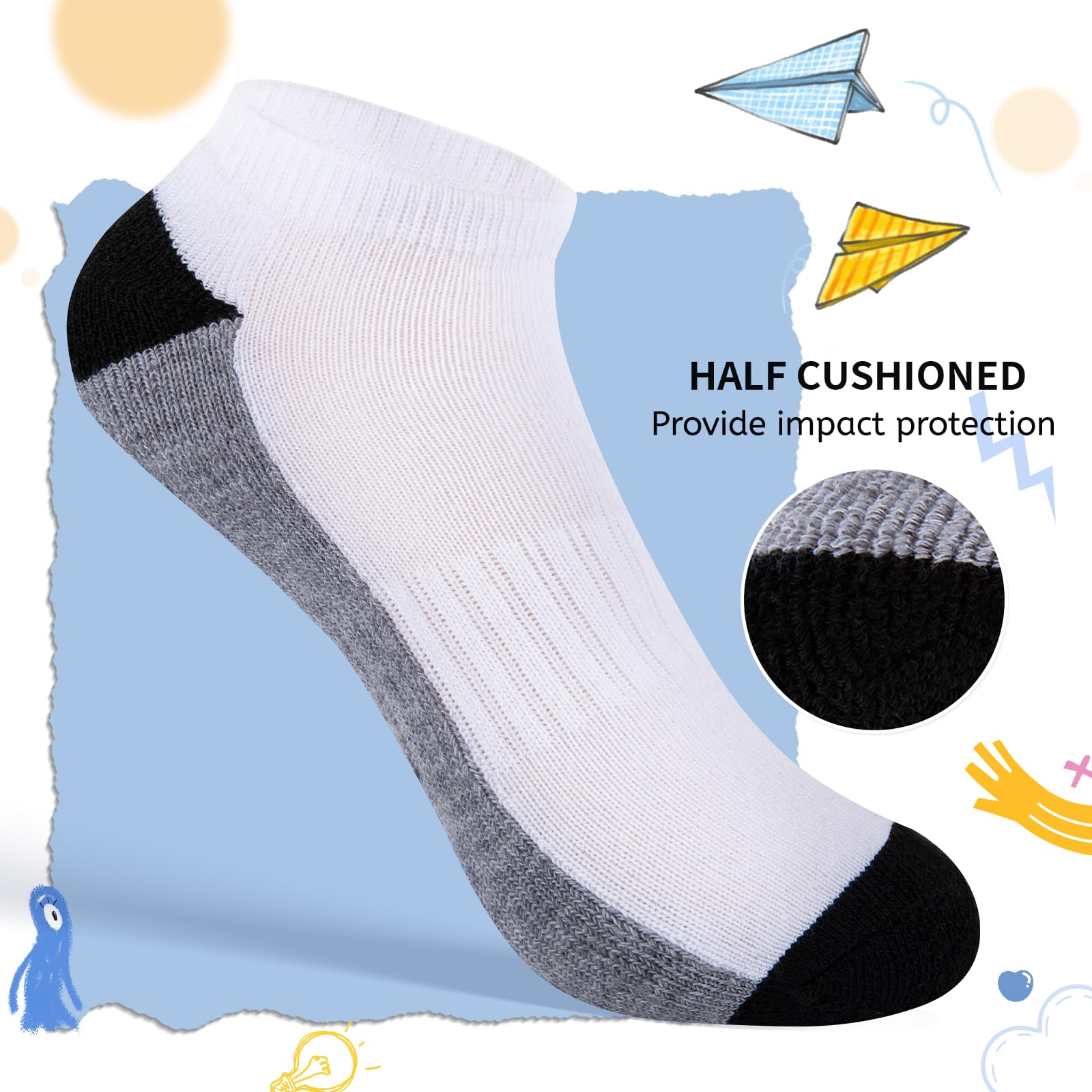 Comfoex Calcetines deportivos de corte bajo para niños, 8 pares para 6-8, 4-6, 8-10 años, calcetines cortos medio acolchados
