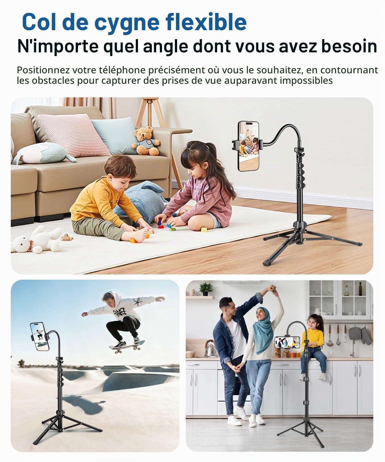 JOILCAN 200cm Trepied Smartphone, Flexibles Trépied Téléphone avec Col de Cygne 25cm & Télécommande, Perche a Selfie Trépied pour iPhone 17/16/Pro Max, Trepied Caméra en Aluminium für DSLR d'action