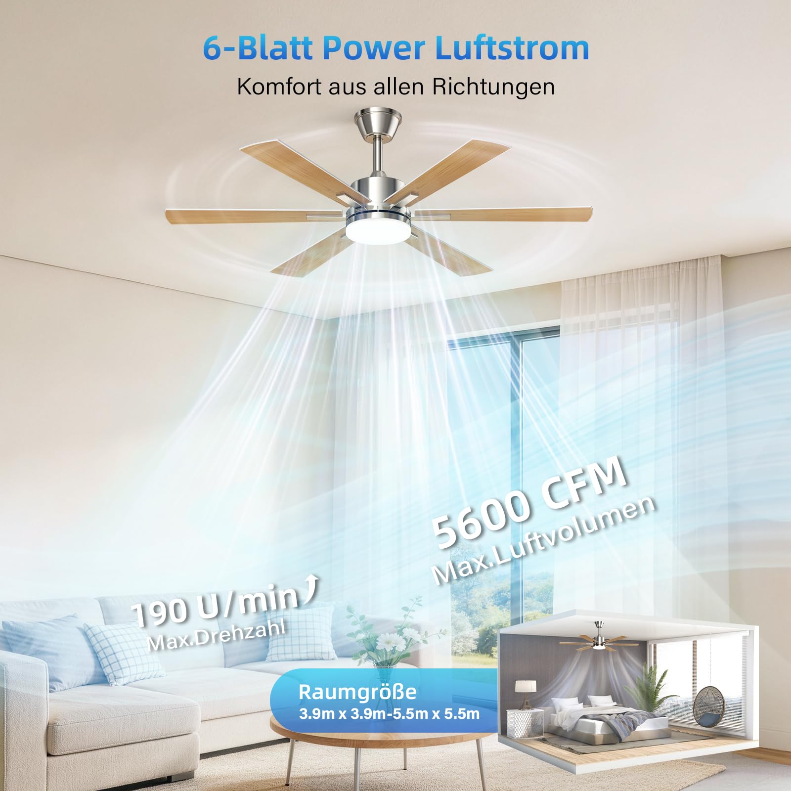 EppieBasic Ventilateur Plafond avec Lumiere Salon: 132 cm Ventilateur Plafond Moteur DC Silencieux avec Télécommande/Appli – 6 Vitesses, Design Moderne, 6 Pales Aspect Bois pour Chambre