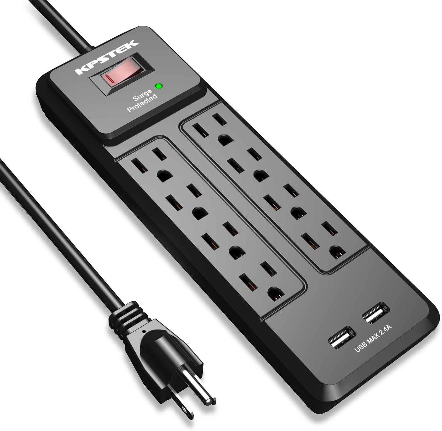 8 Outlet Surge Protector Power Strip with 2 USB Ports (5V/2.4A), Wall Mount Desk Charging Station with Switch Control & 6ft Extension Long Cord, 600 Joules, Black - KS1228