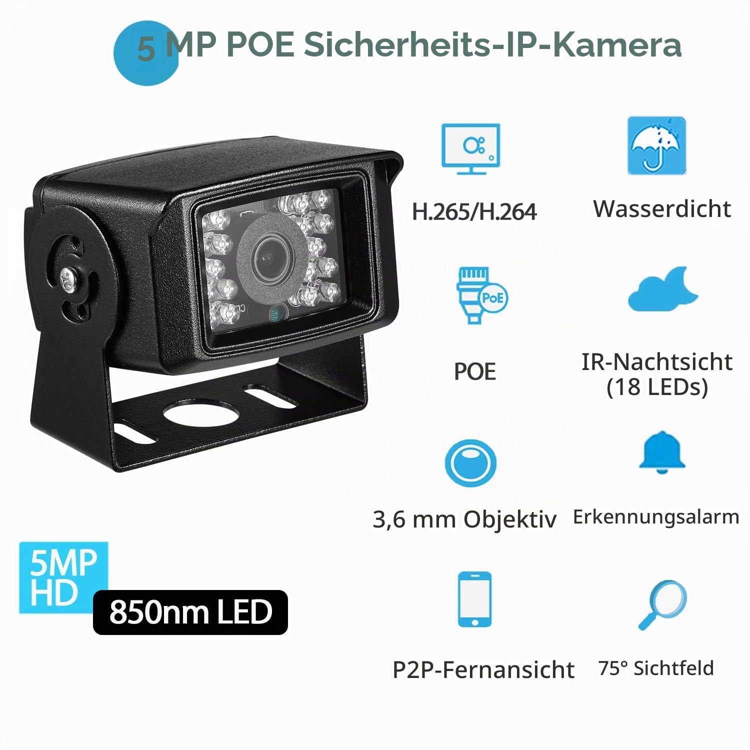 5MP Mini POE IP Kamera, IP65 wasserdichte Kamera,18 Stück LEDs 10M IR Nachtsicht, 3.6mm Objektiv Innen/Außen Sicherheitskamera kleine IP Video H.265 Bewegungserkennung (I704-P-HS)
