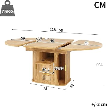 Round Extendable Dining Table 4-8 Seater, 118-158cm, Natural Wood